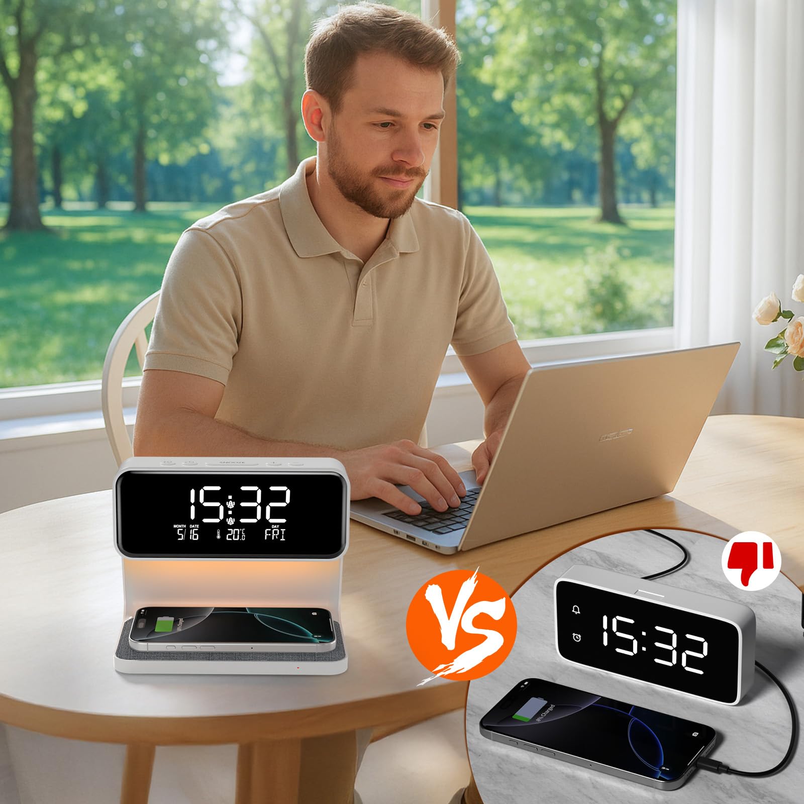 Despertador Digital, Reloj Despertador con Cargador Inalámbrico 15W, LED Pantalla Temperatura/Fecha/2 Alarmas/Snooze Ajustable/12/24H, Despertador Luz con Control Táctil para Infantil Adultos