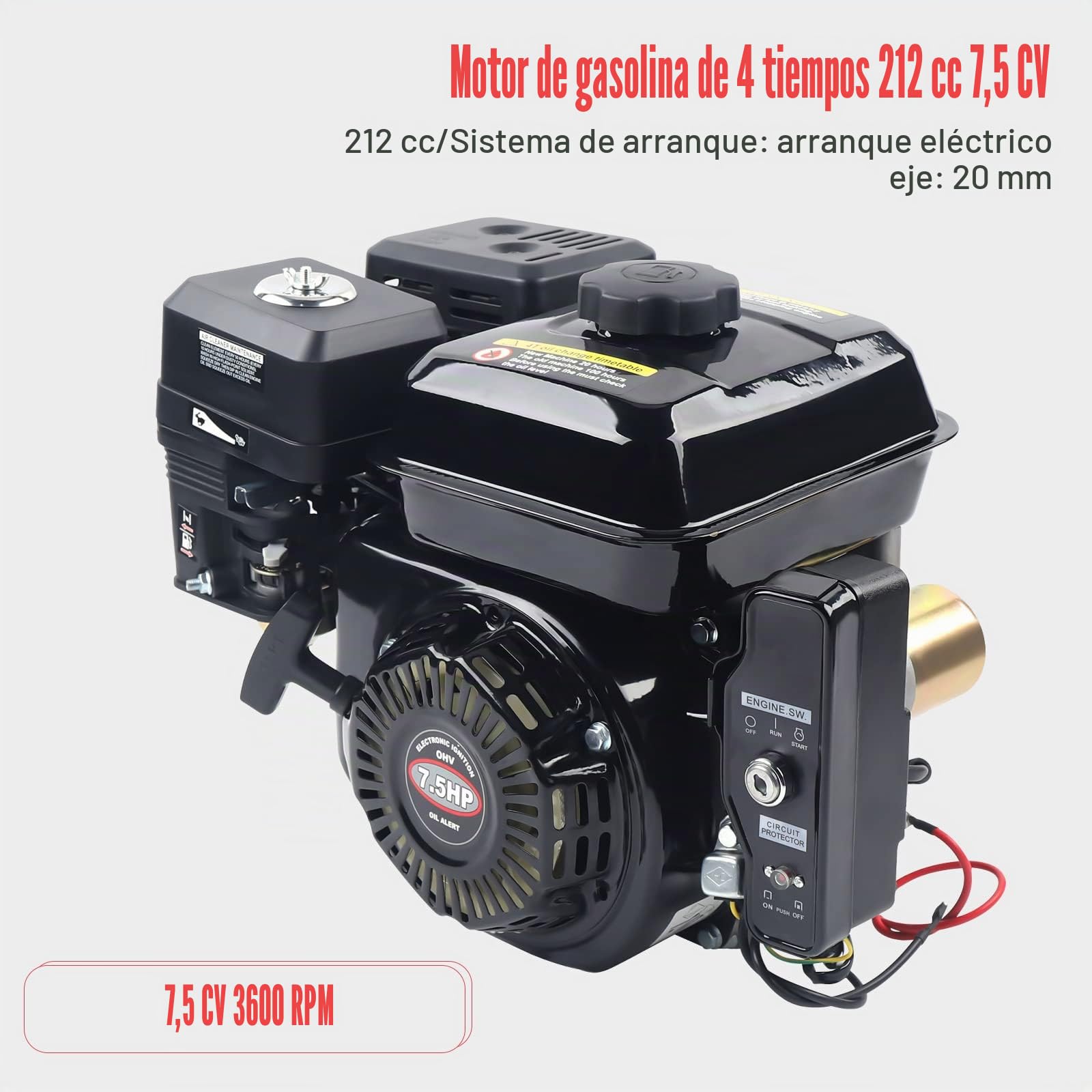 Motor de Gasolina 4 Tiempos 7,5 CV, Motor eléctrico Kart 3600 RPM Refrigeración por Aire Motor Industrial para Compresores Generadores Hormigoneras