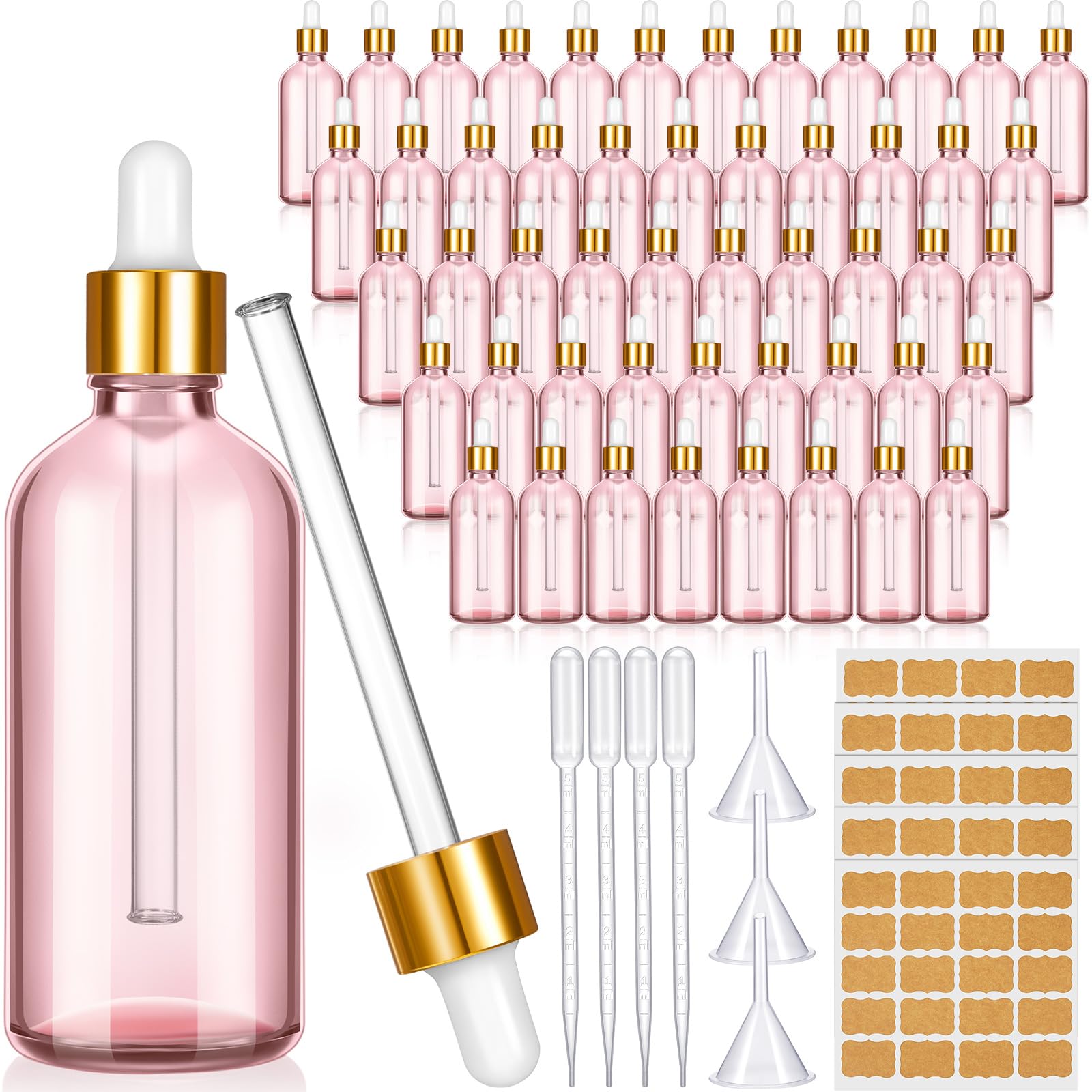 Lallisa 48 Stück Glas-Tropfflaschen mit Augentropfenspender, Labor Tropfflaschen mit 4 langen Pipetten, 4 Trichter und 80 Etiketten für Reisen, Nagelhautmassage, ätherische Öle, Parfüm (Rosa, 118 ml)