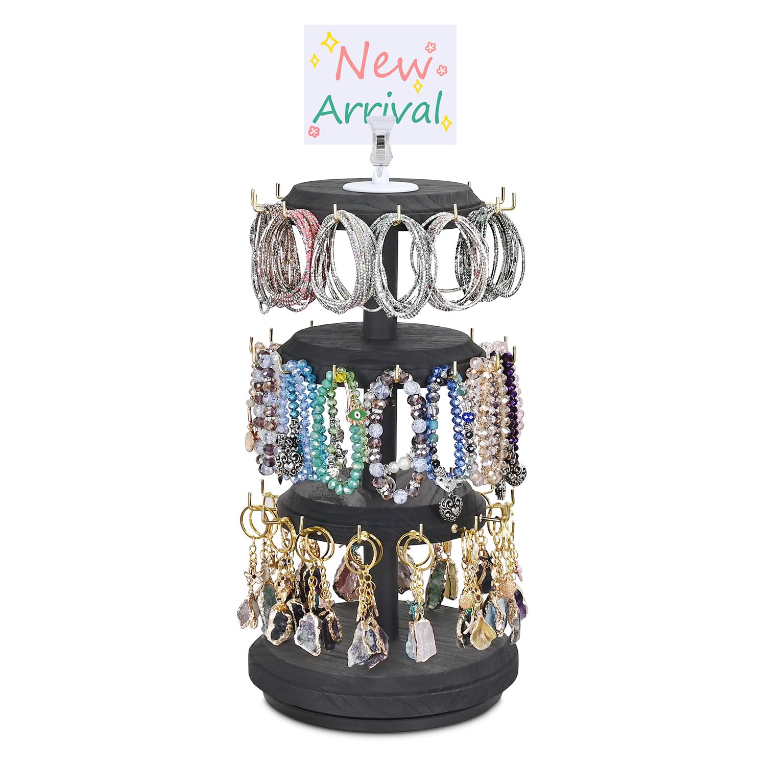 MOOCA 3 Tier Wooden Bracelet Holder, Jewelry Display Stand, Rotating Bracelet Display, With 42 Hooks, Black Color, 7.9