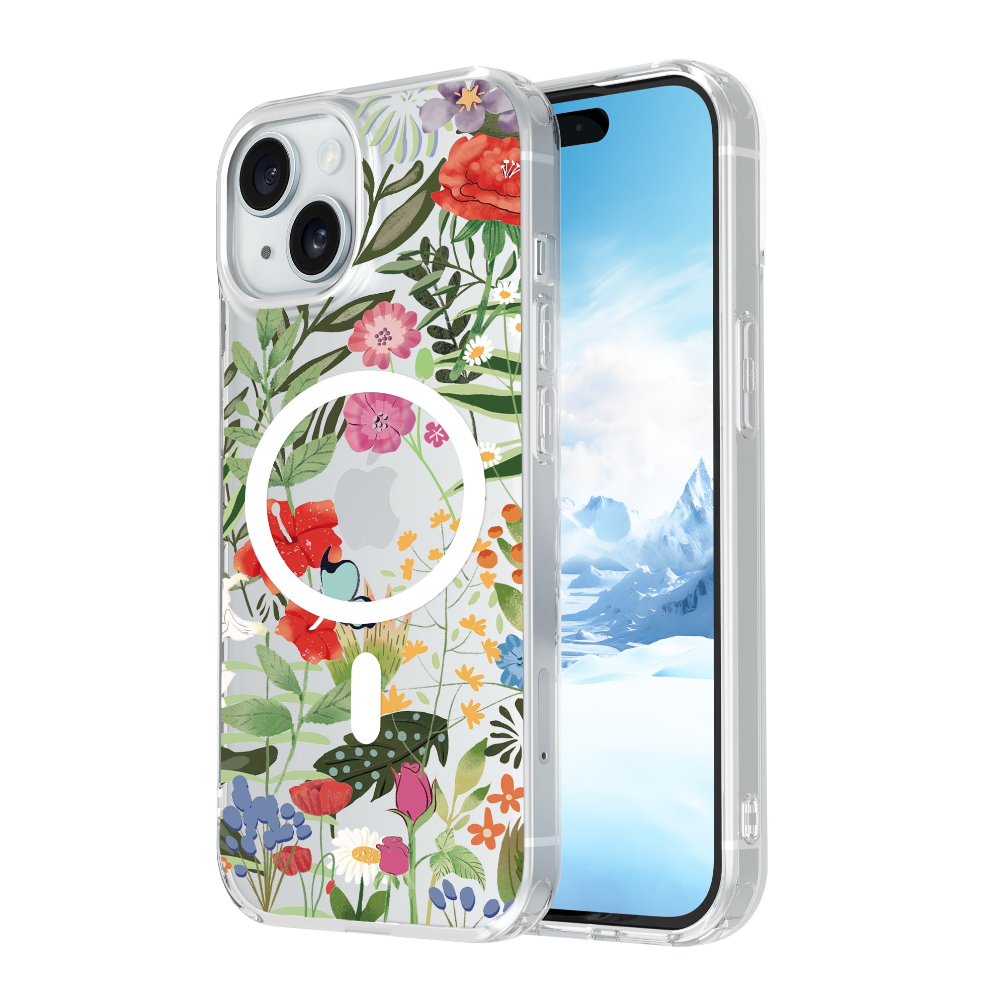 Floral Case for iPhone 15 Compatible with mag~Safe Clear TPU Bumper Phone Case for Girls Women Slim Cute Hard Back Shockproof Phone Case Cover Origin Design