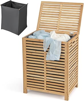 Multigot Bamboo Laundry Basket, Clothes Storage Hamper with Lid & Removable Inner Bag, Portable Clothes Washing Storage Box for Bathroom Bedroom Living Room Wide Slats