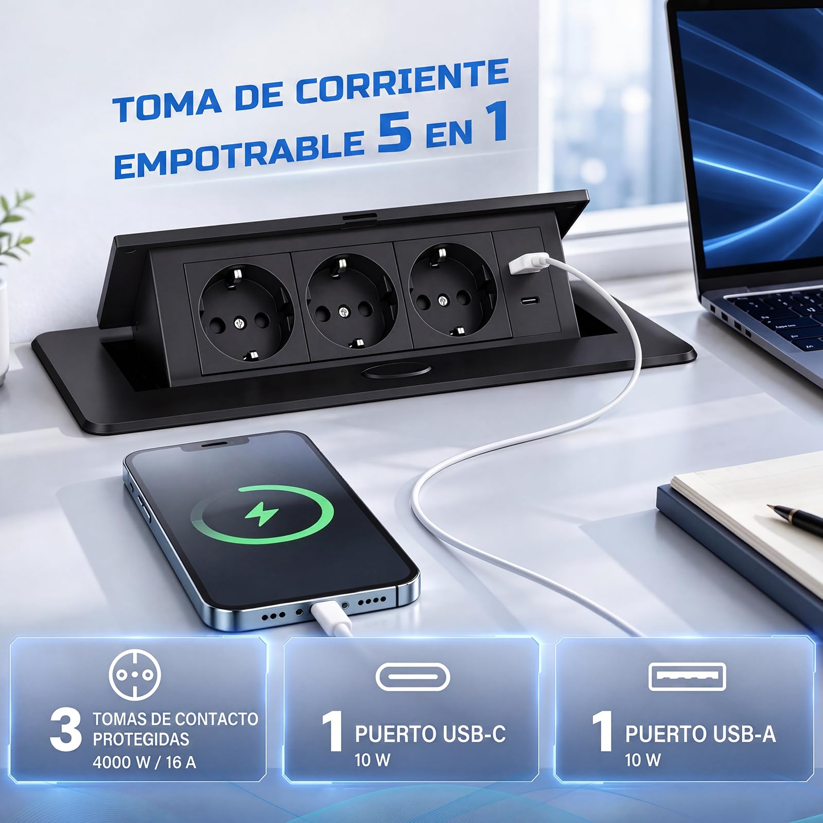 Enchufe Empotrable Mesa, Regleta Empotrable Base Múltiple Retráctil para Escritorio/Mesa Toma Empotrada con 3 Tomas Schuko + 2 USB (1 Tipo A + 1 Tipo C), Cable de 1,8 m, Negro