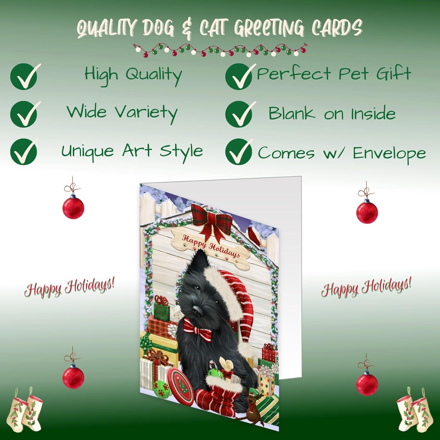 Christmas House with Presentes Scottish Terrier Dog Greeting Cards - Adorable Pets Invitation Cards with Envelopes - Pet Artwork Christmas Greeting Cards GCD58511 (10 Greeting Cards)