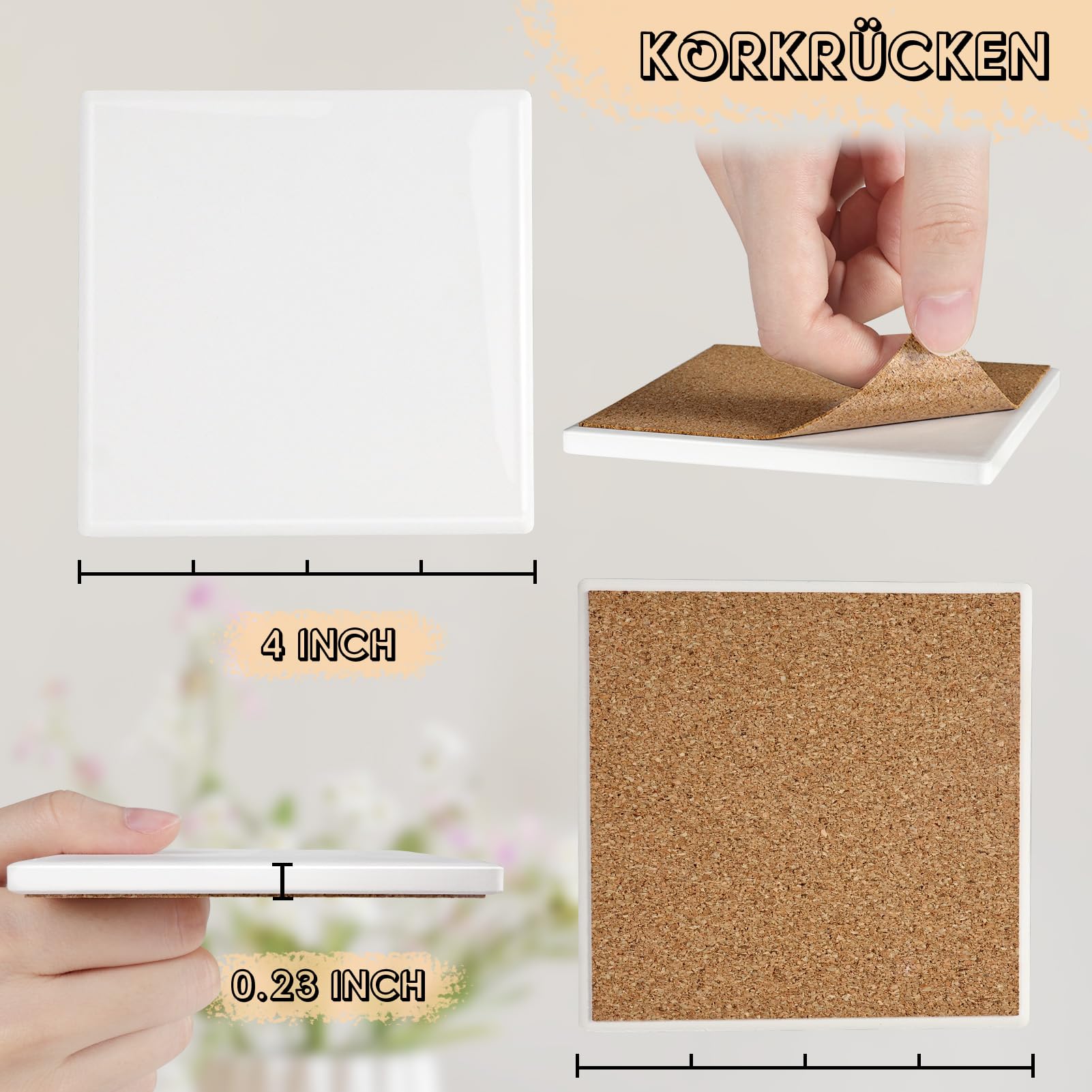Sublimations-Untersetzer, GOH DODD 10cm 36er Pack Keramikplatten für Handwerk Glänzend glasierte weiße Rohlinge mit 36 Korkunterlagen für Alkoholtinte, Malerei, Wärmeübertragung, Quadratisch