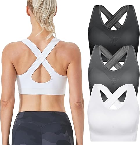 FITTIN Sports Bras Pack for Women - Padded Cross Back Support Seamless Strap Bra for Workout Fitness Gym Yoga Large Bust