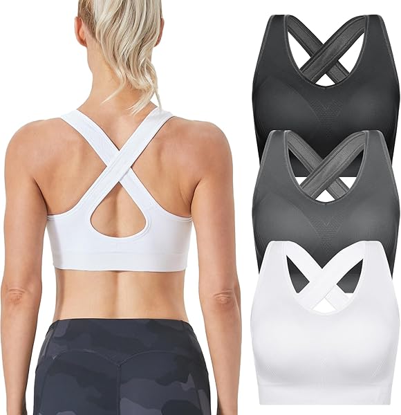 FITTIN Sports Bras Pack for Women - Padded Cross Back Support Seamless Strap Bra for Workout Fitness Gym Yoga Large Bust