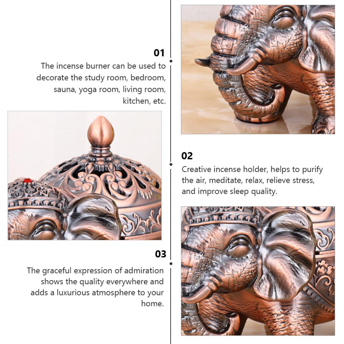 Housoutil Dekoratives Räuchergefäß Elefant Vintage Weihrauchhalter aus Premium Sandelholz Geeignet für Meditation und Entspannung zu Hause und Büro Retro Stil Rostfrei