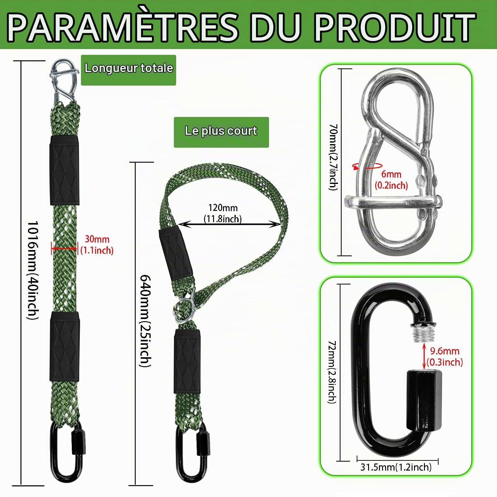 2 cordes de fixation pour balançoire, corde de balançoire en nylon réglable de 101 cm avec mousqueton, capacité de charge de 363 kg pour hamac, fauteuil suspendu, balançoire, suspension pour