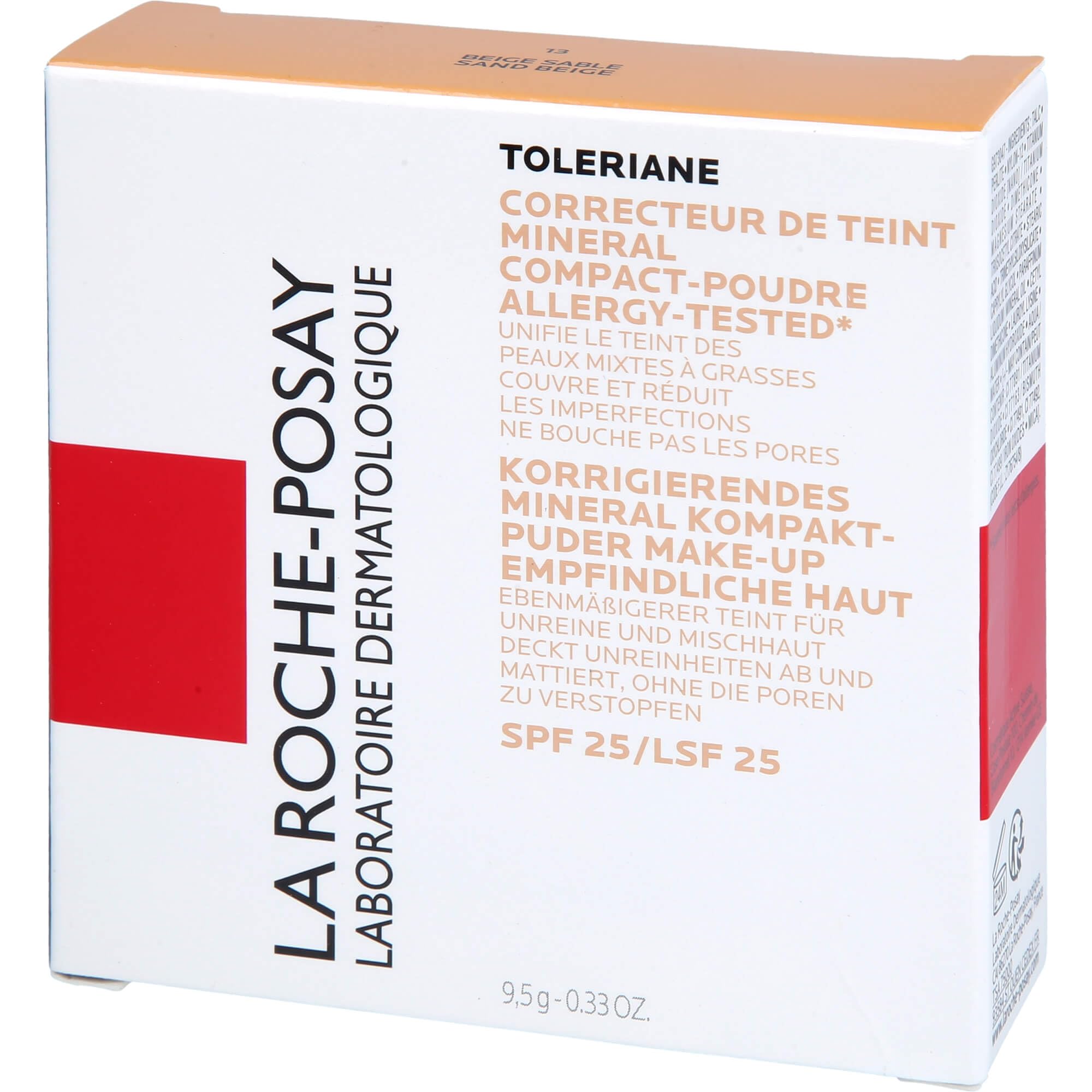 La Roche-Posay Toleriane Mineral Kompakt-Puder, Make-up für empfindliche Haut, Formel mit mattierenden Pigmenten und Perlit, Mittlere Deckkraft mit LSF 25, Farbe: Beige Sable Nr. 13, 9 g