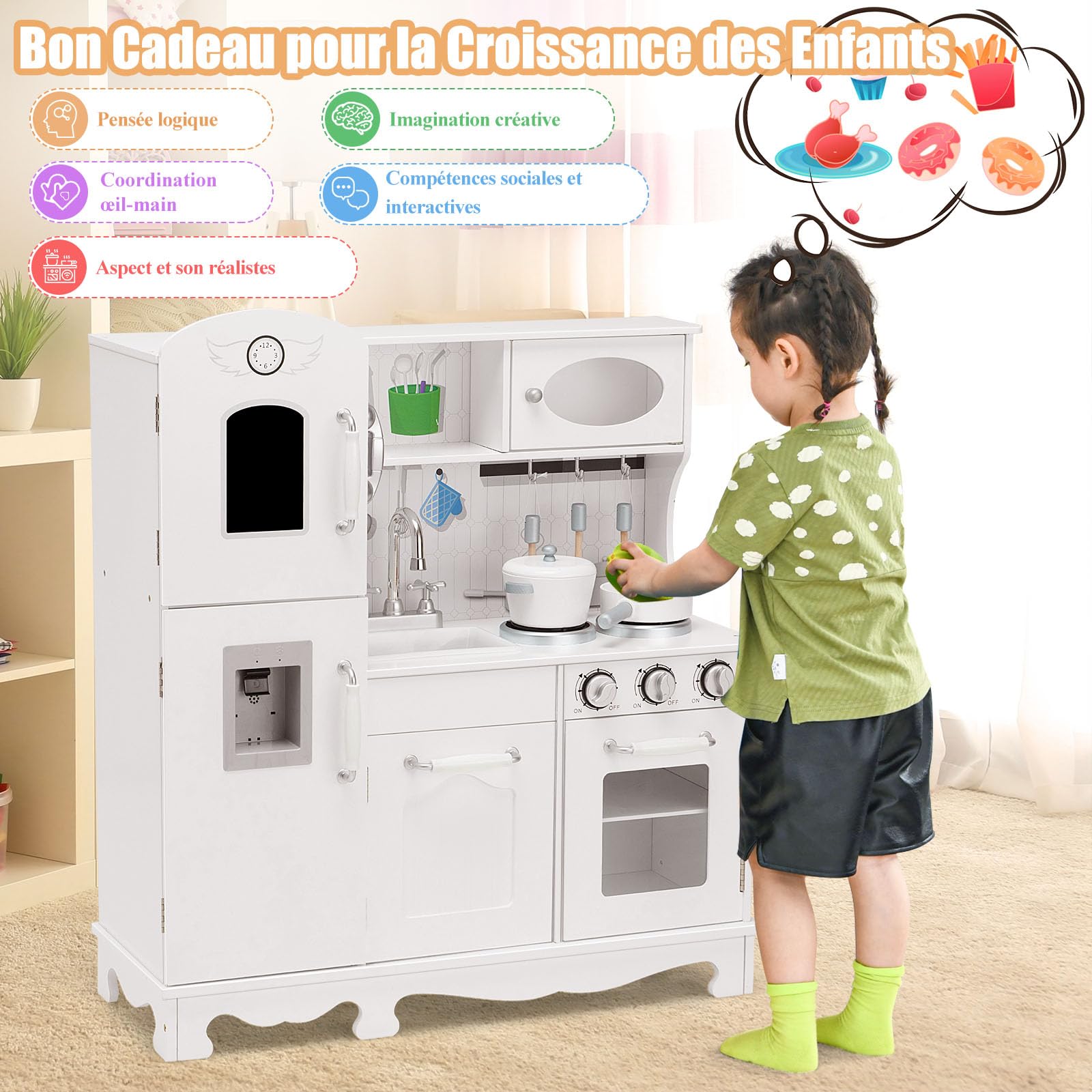 HONEY JOY Ensemble de cuisine pour enfants, ensemble de cuisine en bois avec lumières et sons, micro-ondes, machine à glaçons, boîte de rangement, cuisine interactive pour petites simulations de