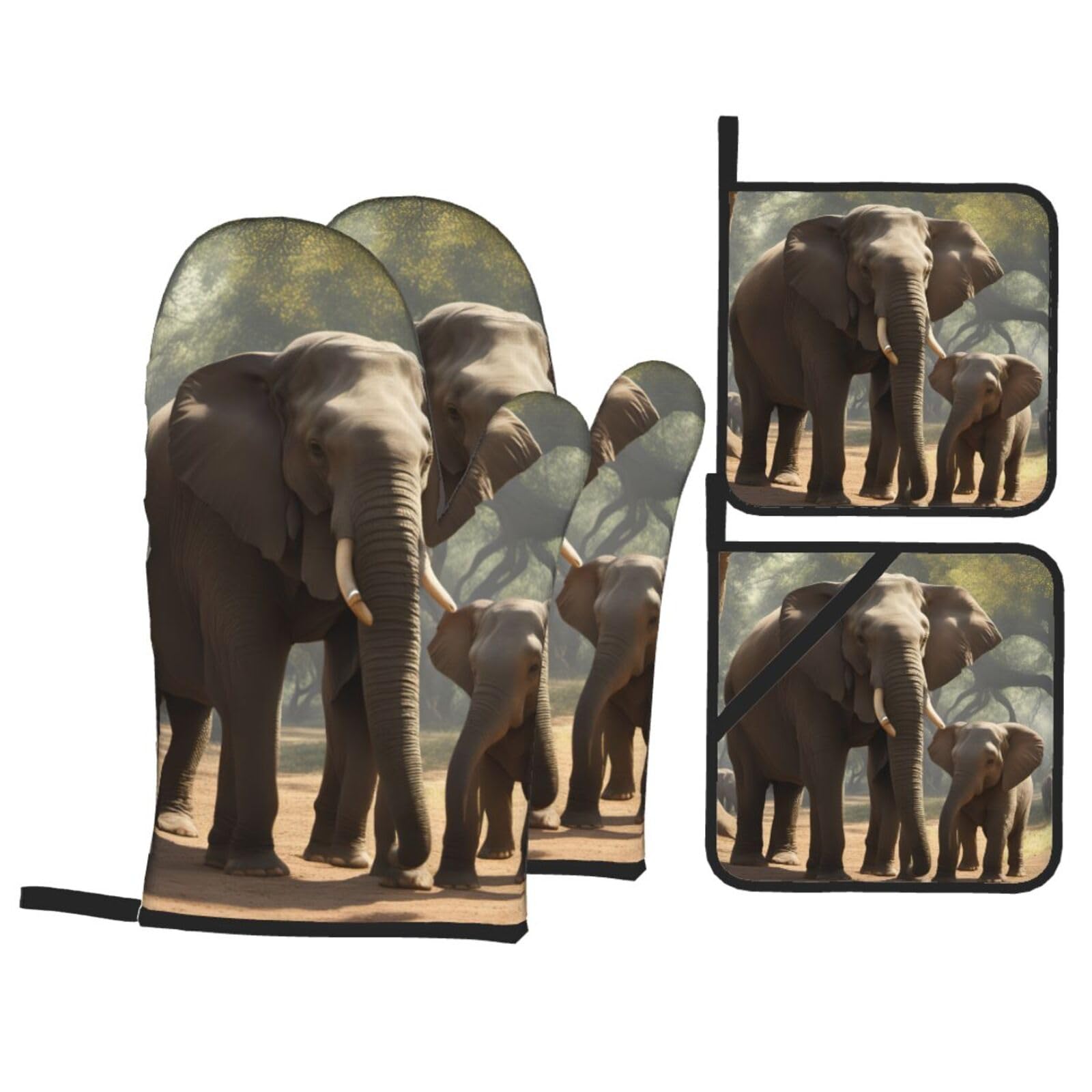 Elephant Print 4-Piece Oven Microwaving Set Waterproof Kitchen Gloves for Baking Grilling Cooking