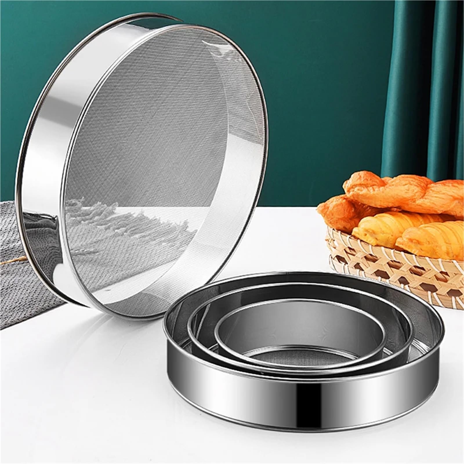 4 unids/Set tamiz de harina Redondo Profesional Acero Inoxidable 40/60 Malla Fina Filtro Multifuncional Herramienta pastelería for Hornear para Hogar Cocina