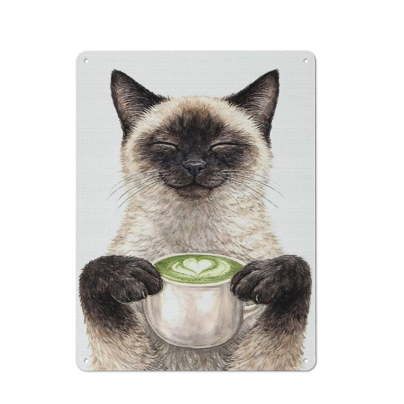 Siamese Cat Holding Matcha Latte Clean Industrial Metal Wall Decor 40x30cm, Decorative Metal Plaque for Workspace, Cafe, Hallway Or Garage