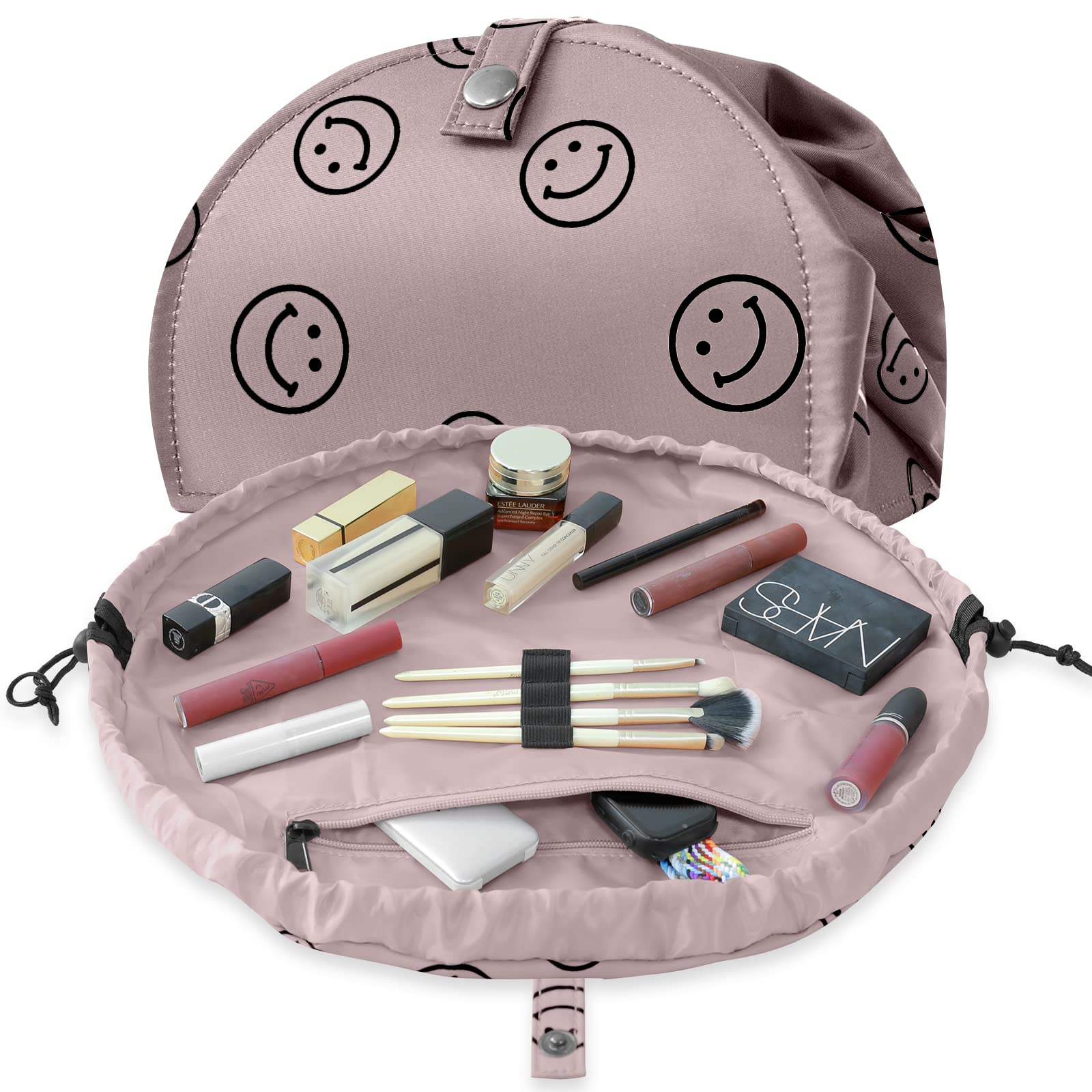 Drawstring Makeup Bag Open Lay Flat,Large Capacity Cosmetic Bag For Women Purse With Compartments,Travel Toiletry Bag Accessories Organize (Brown)