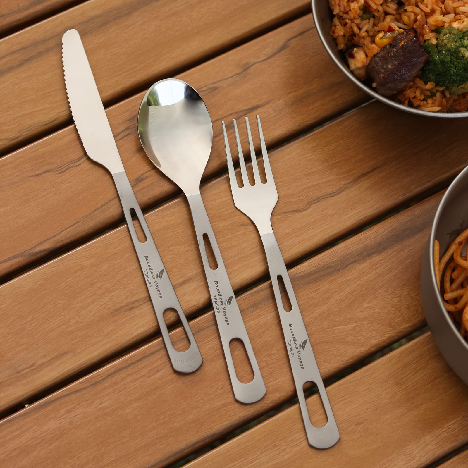 Boundless Voyage Titanium 3-Piece Cutlery Set Flatware Spoon Fork Knife Ultralight Portable Titanium Utensils Tableware for Home Use Travel Outdoor