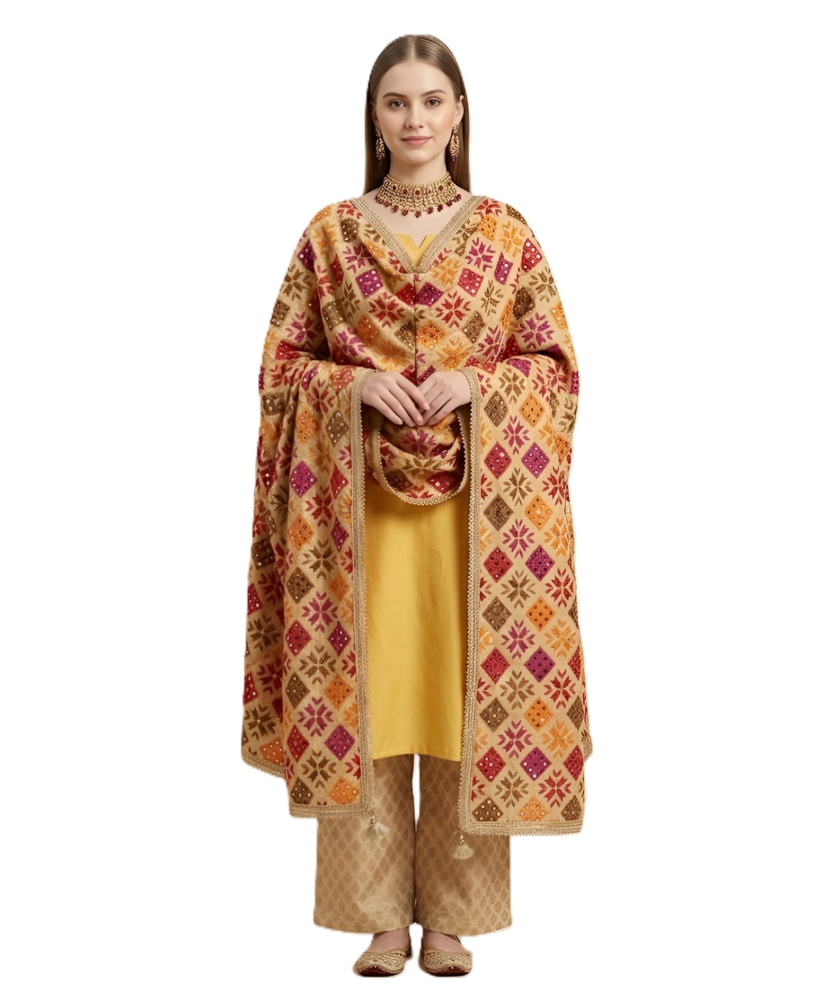 muffly Chinon Multicolour Phulkari Embroidered Dupatta with Mirror Detailing | Lace Border-picture-14