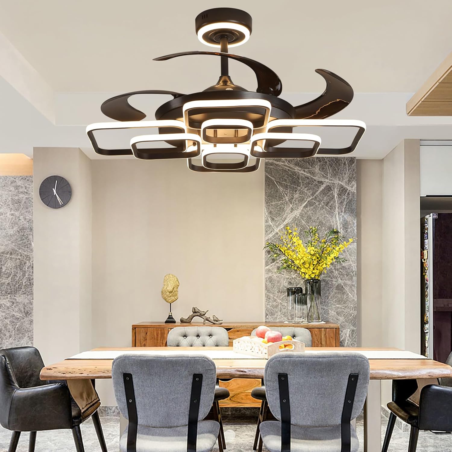 48 Inch Chandelier Ceiling Fans with Lights and Remote, Retractable Fandelier Ceiling Fan for Bedroom Indoor Decoration, 3 Color Changeable, Dimmable with App, Timer Setting (Black DCFS25001)