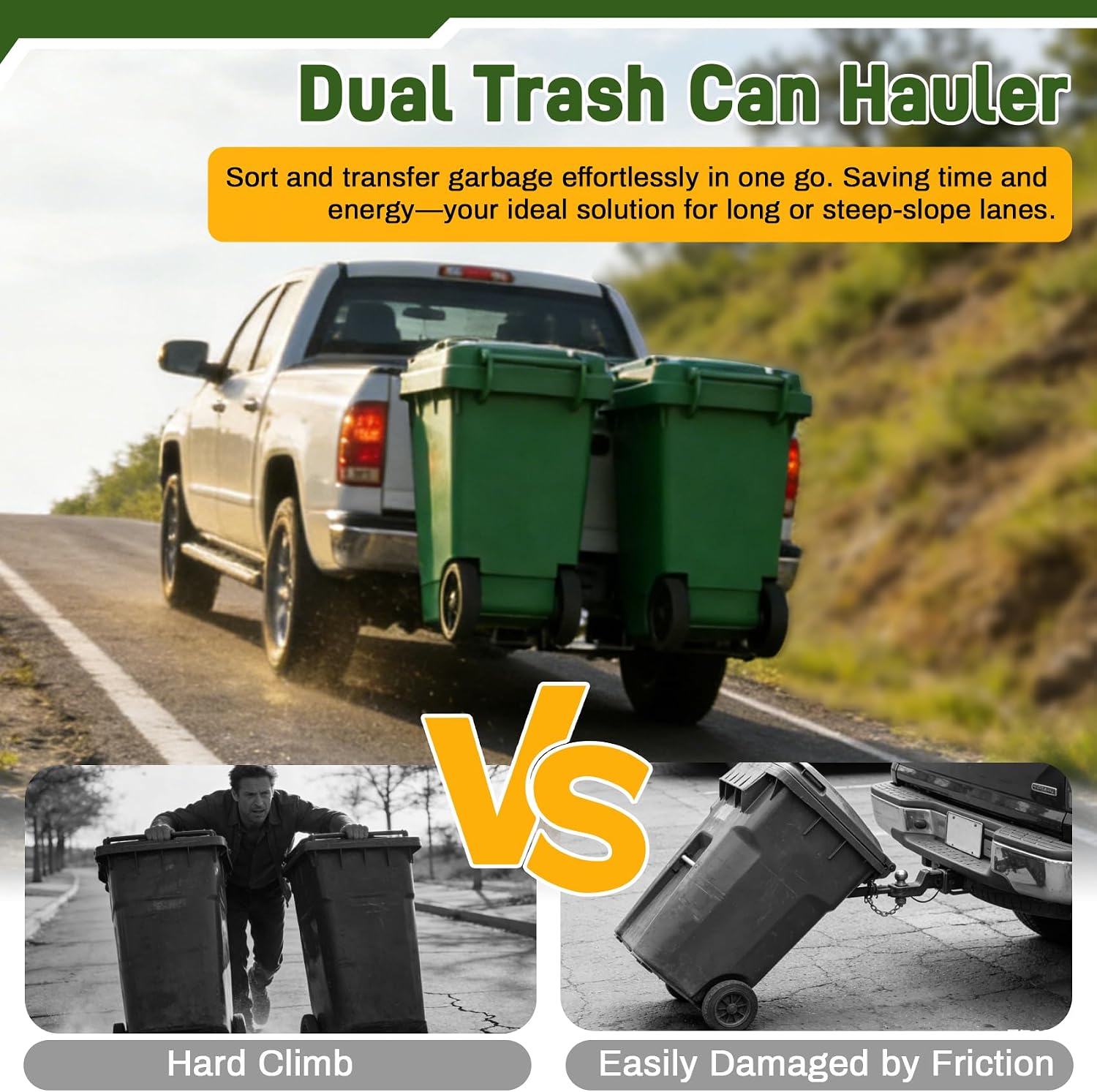 Dual Trash Can Hauler Hitch with 2" Receiver, Allowing Backing-Up Off the Ground Design, Adjustable High-Loading Garbage Can Towing Rack for Pickup Trucks/ATV/UTV/SUV/Lawn Tractors