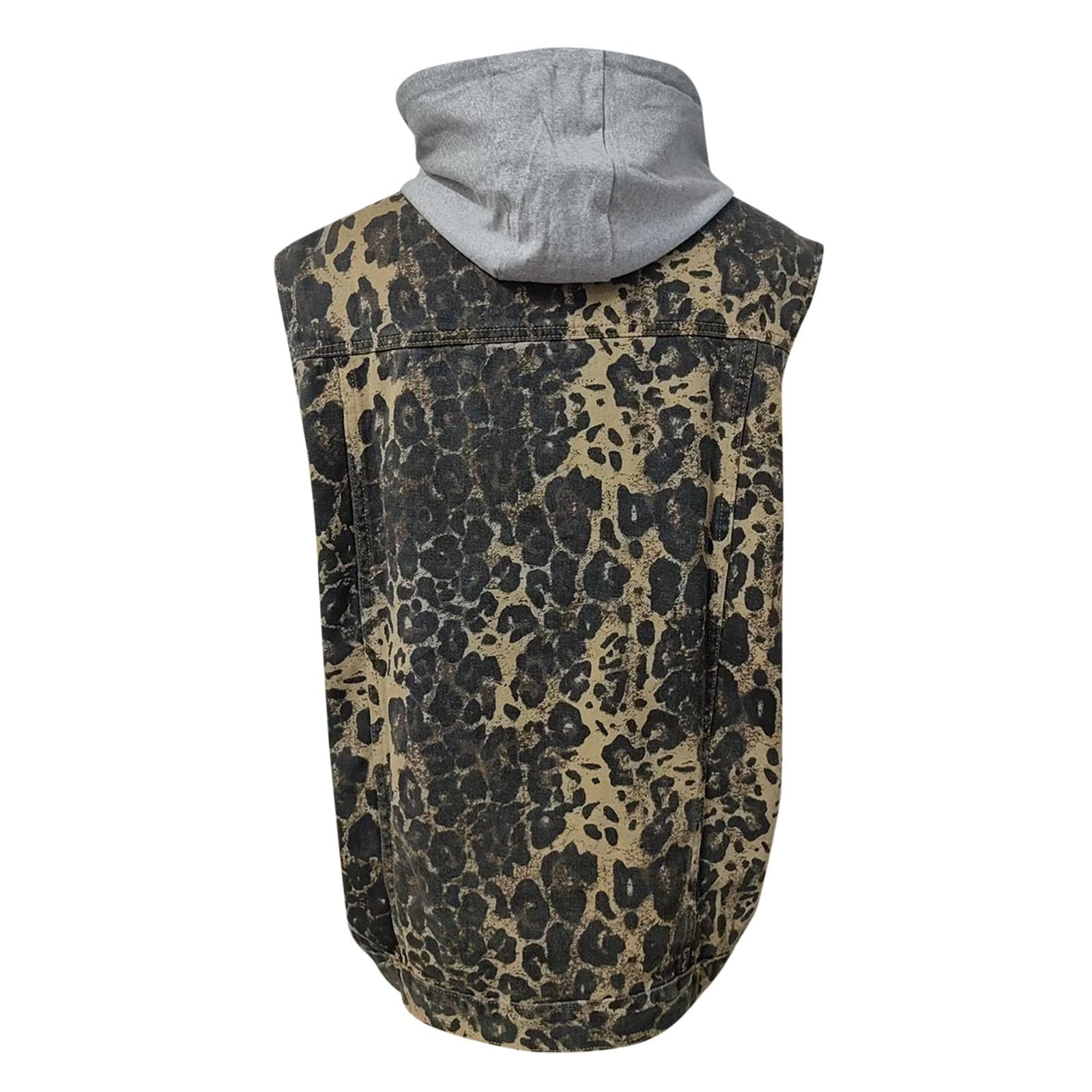 Gilet en jean pour femme - Sans manches - Boutonnière - Veste en jean - Imprimé léopard - Veste de loisirs - Veste en denim - Veste d'extérieur - Manteau de loisirs - Vêtement d'extérieur