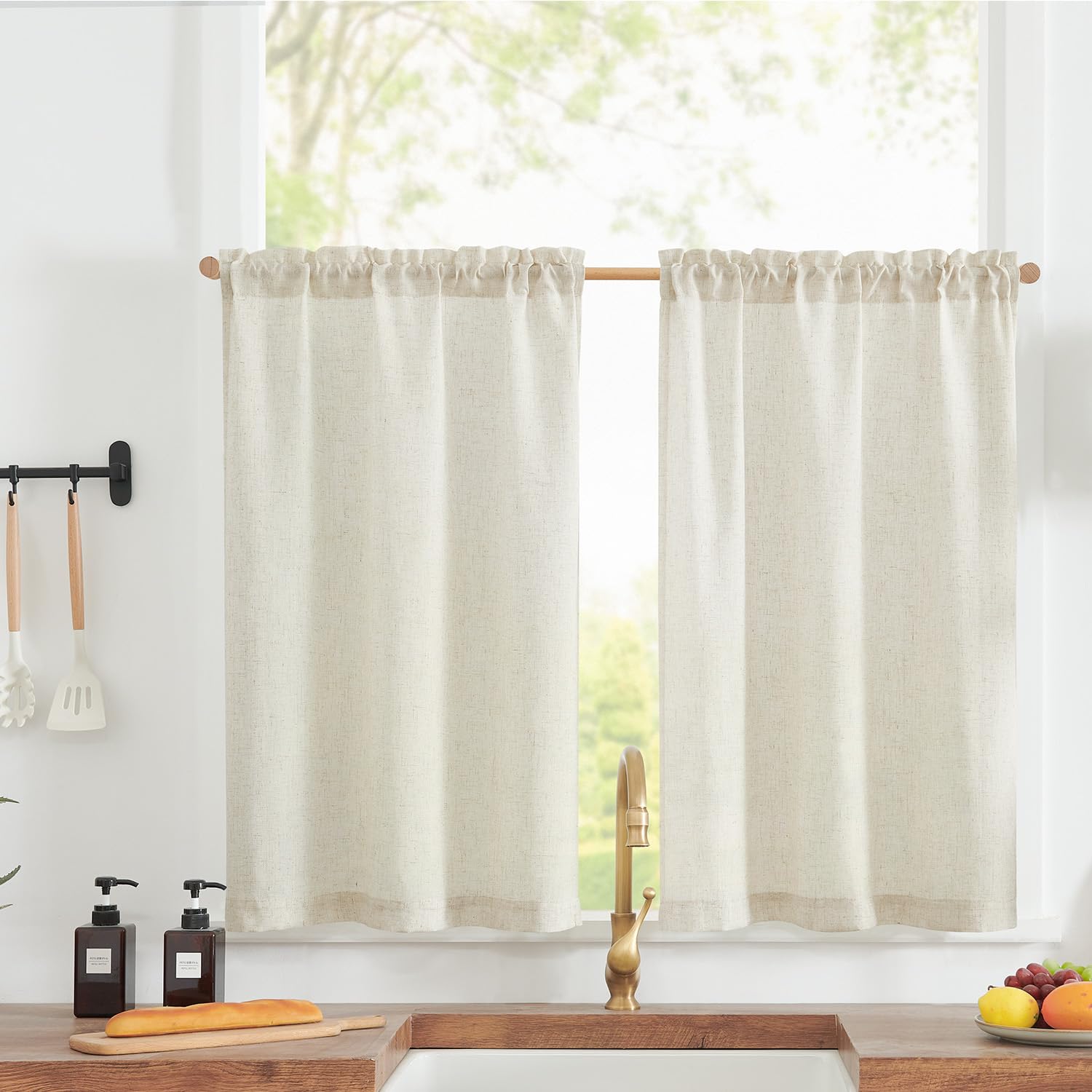 Topick Vitrage, linnen bistrogordijn, halftransparant gordijn, blikdichte vitrage, gaas, sjaal, raamsjaal voor keuken, woonkamer, landelijke stijl, set van 2, 65 x 115 cm (b x h), naturel