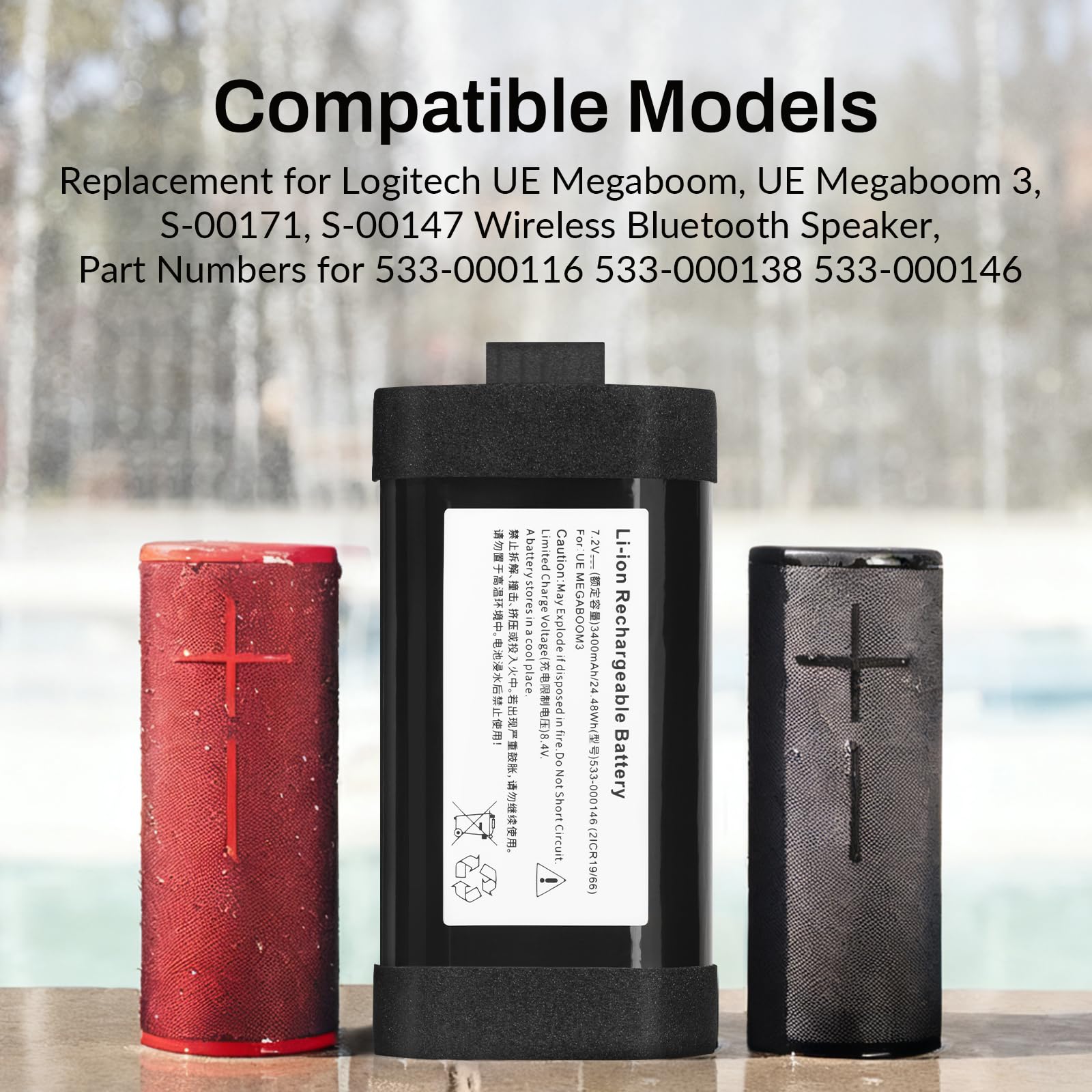K KYUER 533-000146 Altavoces Batería para Logitech UE Megaboom, UE Megaboom 3, S-00171, S-00147 Wireless Bluetooth Speaker Altavoz Bluetooth portátil con batería Tools 533-000116 7.2V 3400mAh