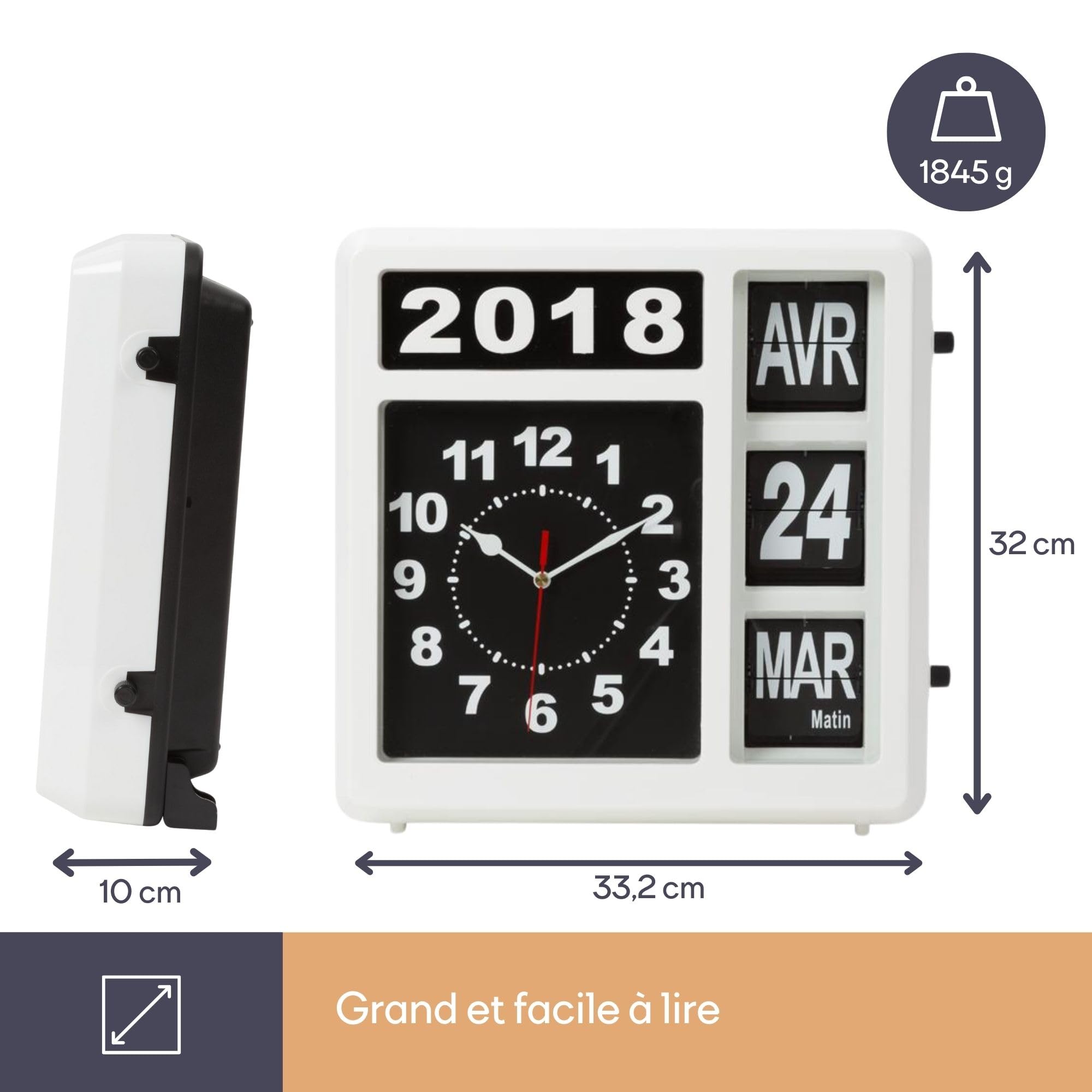 Perel Horloge carrée avec Calendrier à Bascule, idéale pour Les malvoyants et Les Personnes atteintes d'Alzheimer ou de démence, analogique, 31 x 31 cm, Blanc/Noir, Version française