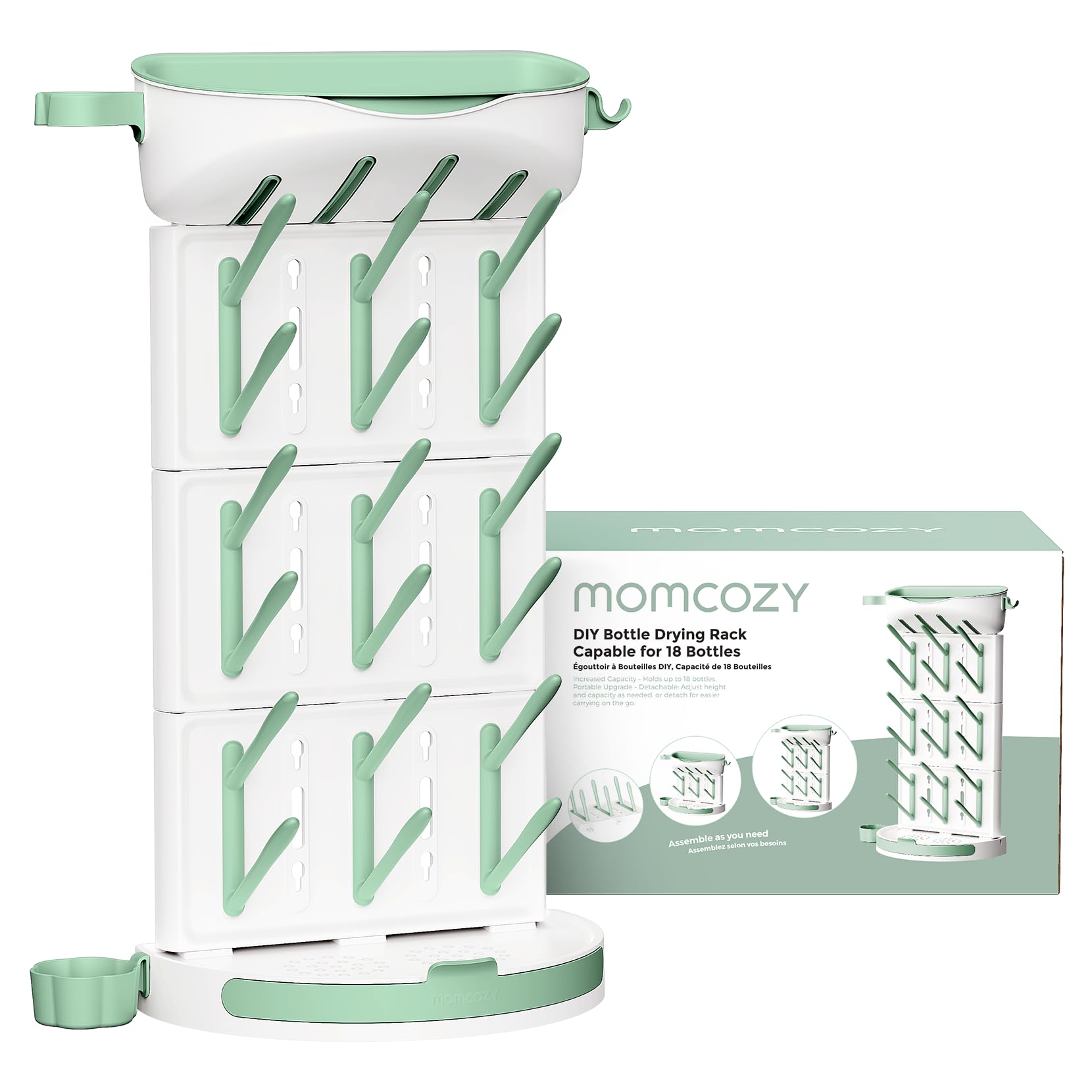 Momcozy Premium Babyflaschen Trockenständer – Vertikaler Flaschenhalter für 18 Flaschen & Stillzubehör | Mit Reise-Set & Bürstenhalter (37x17x54 cm)