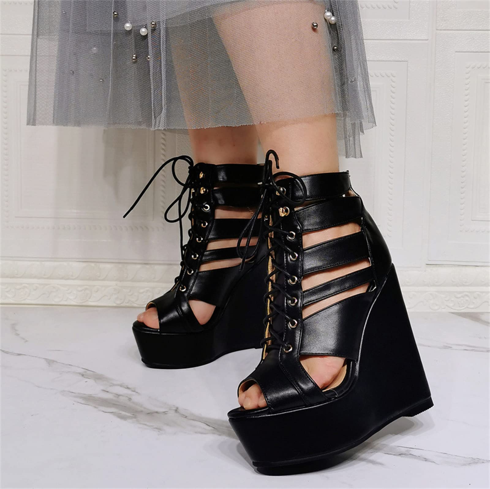Sandali con Zeppa di Grandi Dimensioni da 15 cm in Pizzo con Tacco Alto Sexy 36-52, Black-44