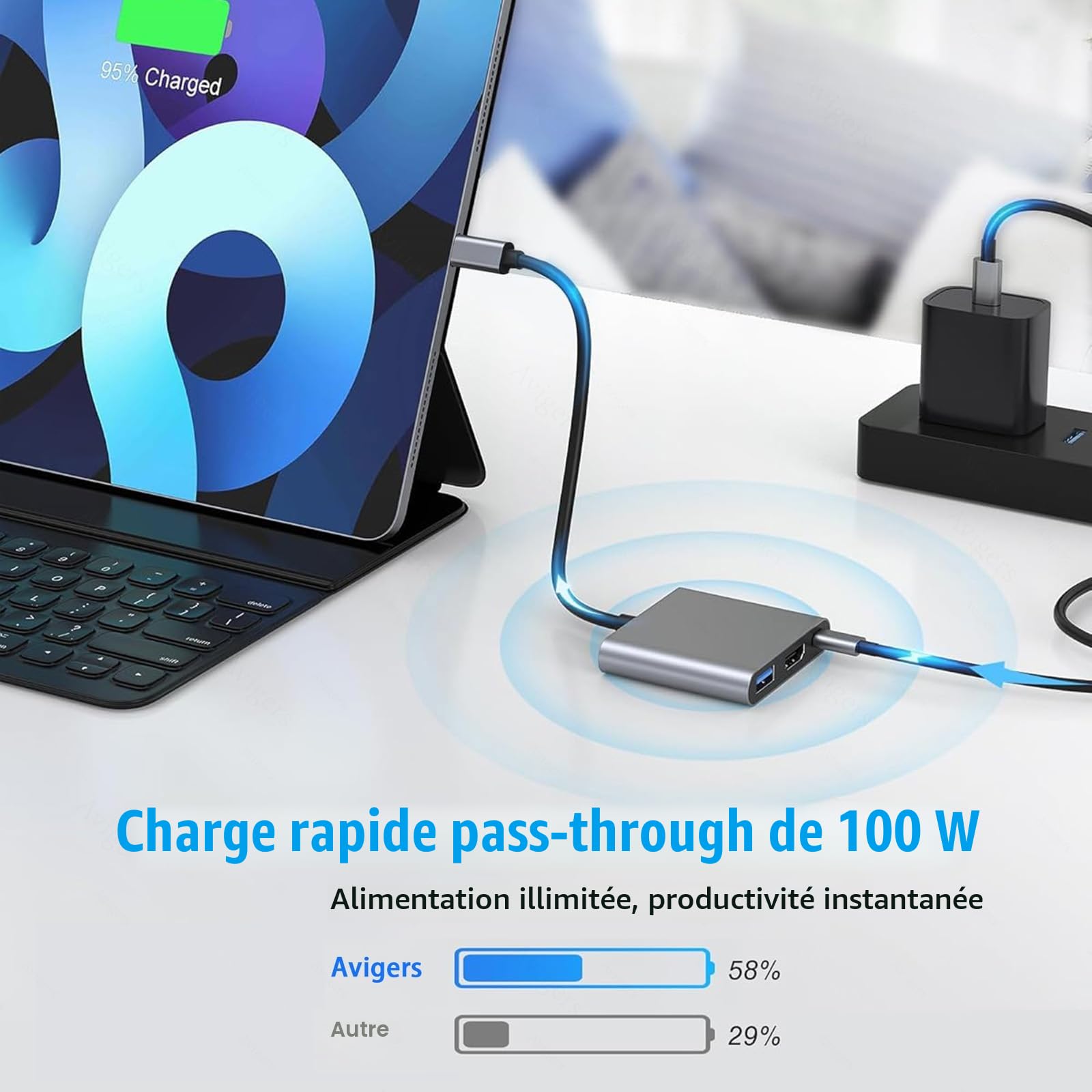 Adaptateur USB C vers HDMI 4K, Hub Multiport 3 en 1 avec PD Charge 100W, USB 3.0 pour Samsung MacBook Pro