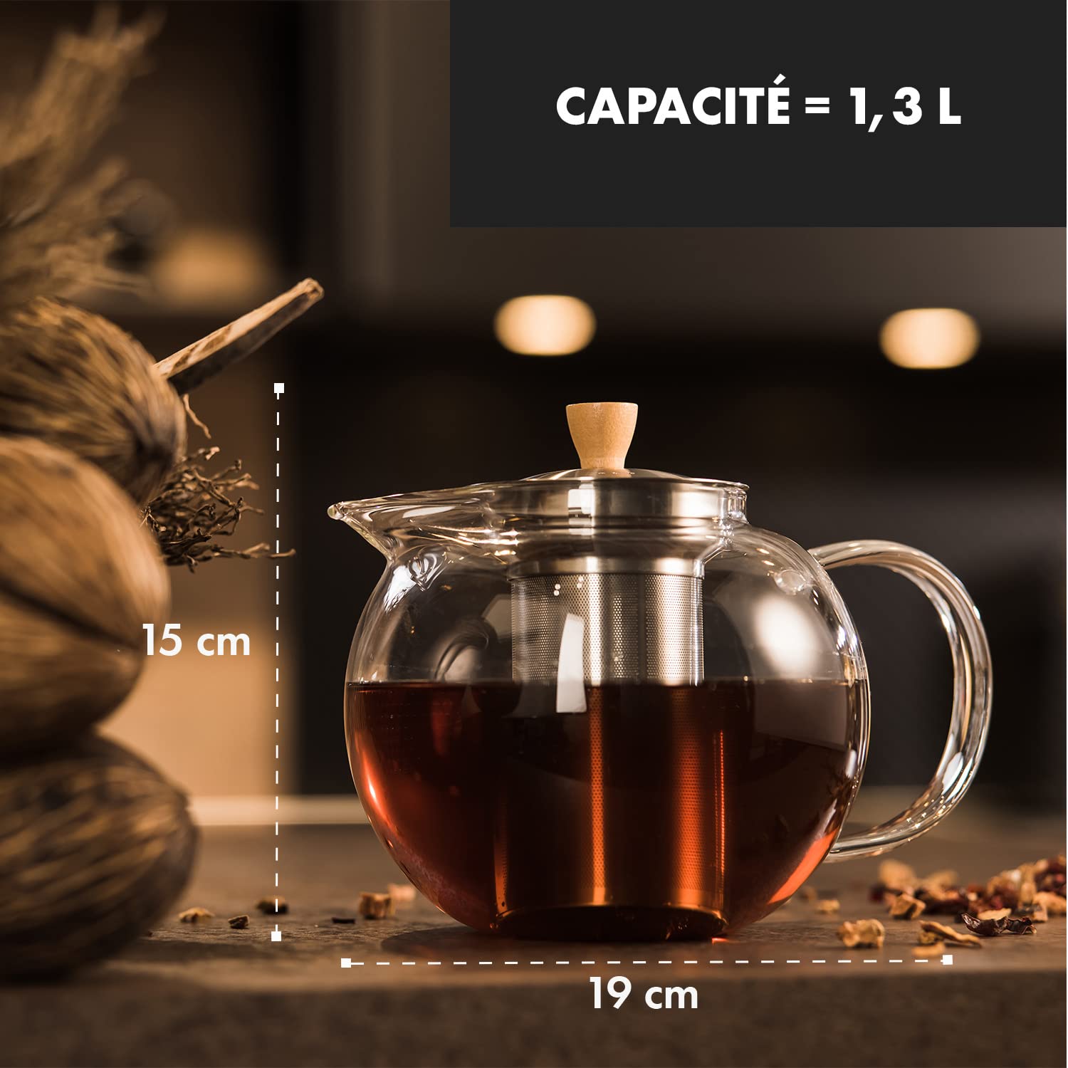 Théière en Verre Sans Chauffe (1,3L) - Avec Infuseur Inox, Élégante Poignée en Bois et Passoire en Acier Inoxydable