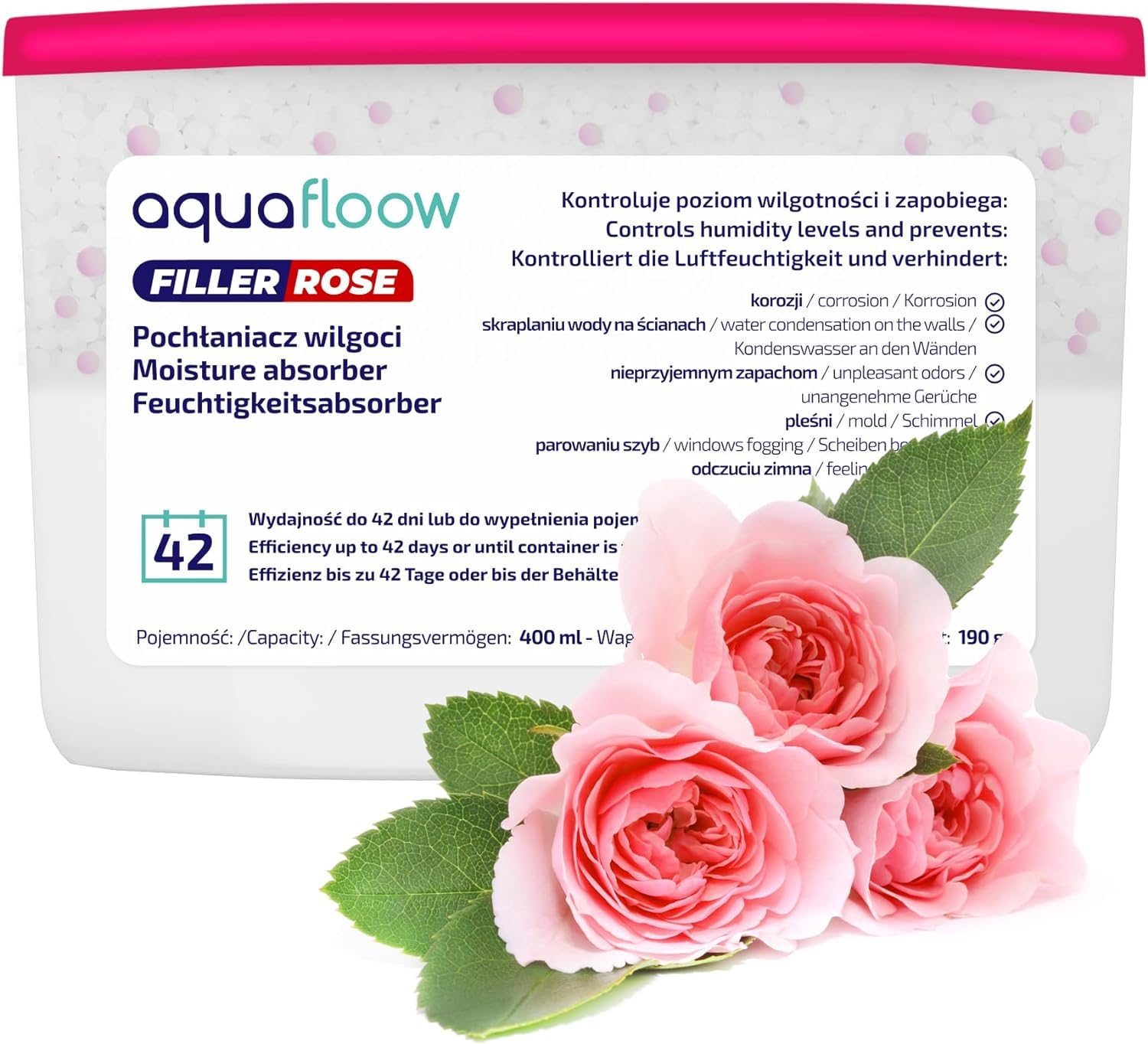 Aquafloow Osuszacz Pokojowy 400 ml, Redukuje Wilgotność, 12 Sztuki Granulki ROSE | Neutralizator Zapachów, Pochłaniacz Wilgoci do Kuchni, Szafki, Łazienki i Gabinetu
