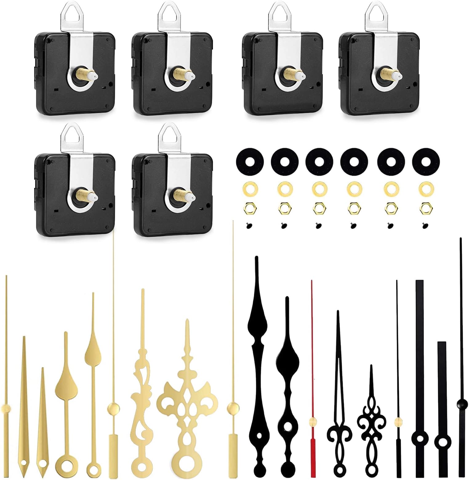 YOGINGO 6Pcs Quartz Clock Mechanism Kit, Wall Clock Mechanisms Mattery Powered Replacement, Clock Movement Parts Motor Replacement DIY Repair Parts with 6 Set Hands (No Battery)