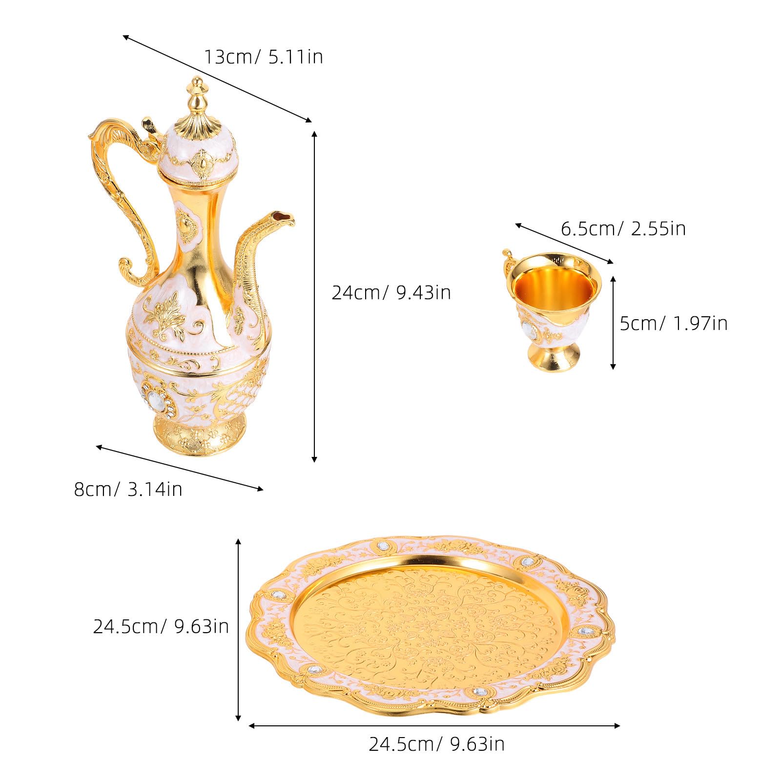 KICHOUSE Ensemble de Verres à Shot Vintage en Alliage de Zinc 250ml et 30ml avec Plateau Doré, Gobelets à Boire en Relief pour Mariage ou Tea Party Élégant