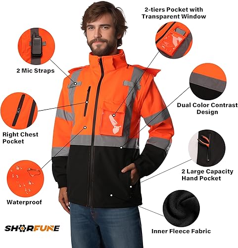Miniatura 3 de SHORFUNE Chaqueta Softshell de seguridad reflectante de alta visibilidad para hombres con diseño desmontable, cálida, impermeable y ligera, Naranja