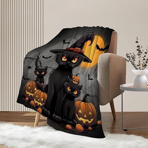 Miniatura 9 de Neatee Living Manta de Halloween para niños, manta aterradora de calabazas negras con gatos para niños y niñas, sofá, decorativa, ligera, mullida,