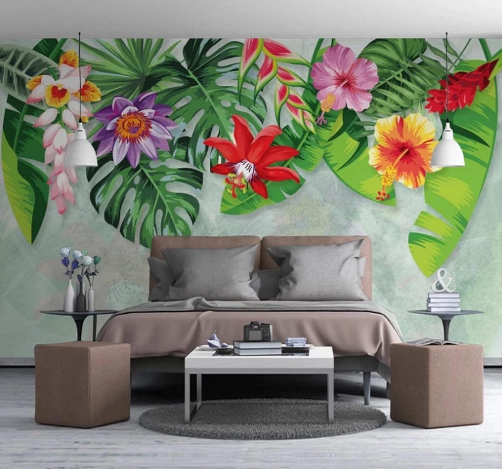 Wallpaper-3D-Xlm 350Cm×256Cm(B×H) Fresh Green Banana Leaves Colourful Flowers 3D Wallpaper Easy Install Feature Office Living Room Sofa Bedroom Tv Background Wall Decoration-350Cm×256Cm