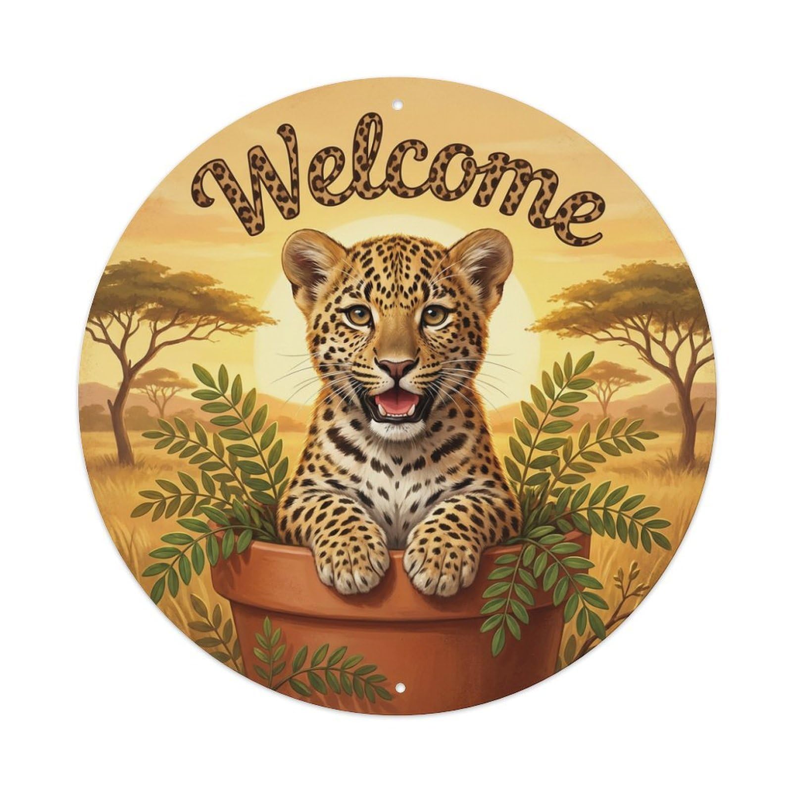 Welcome Leopard Acacia Tree Metal Tin Sign