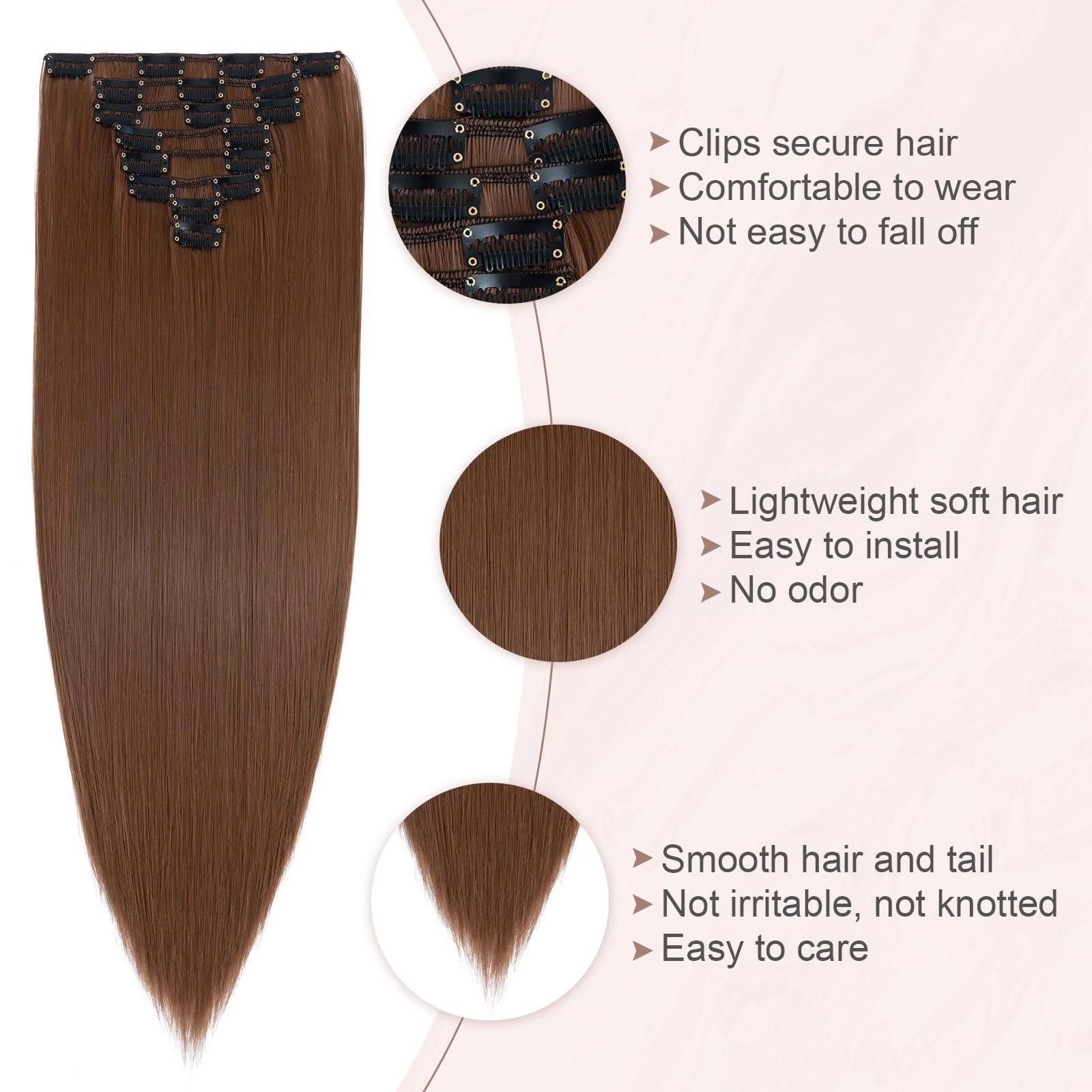 SEGOHAIR Hair Extensions Clip in 8Pcs 18 Clips Synthetic Fiber Seamless 23" Long Straight Full Head - Light Auburn - Image 4