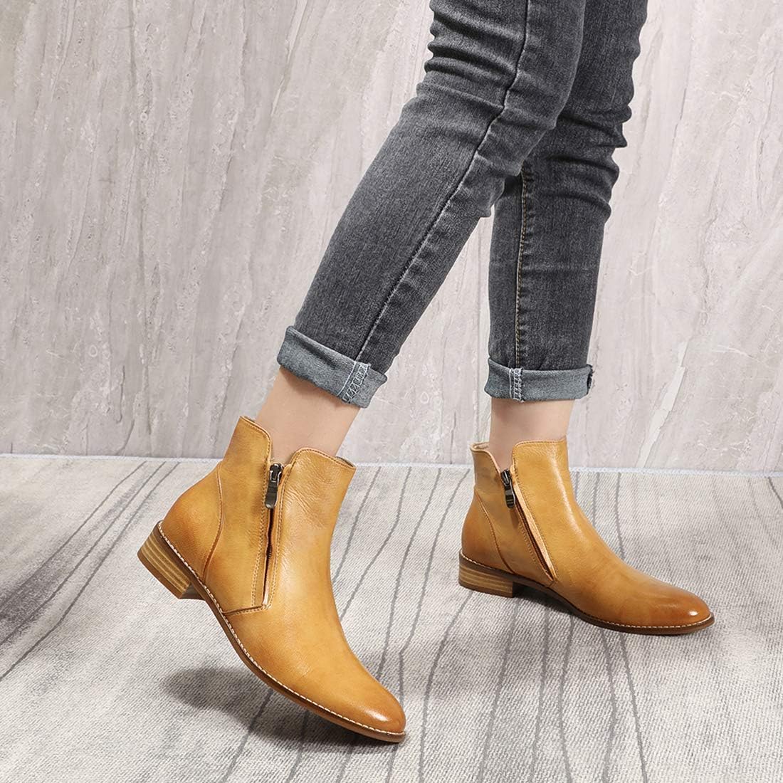 Mona flying Womens Leather Booties Ankle Boots Side Zippers Low Heel Dress Short Boots for Ladies