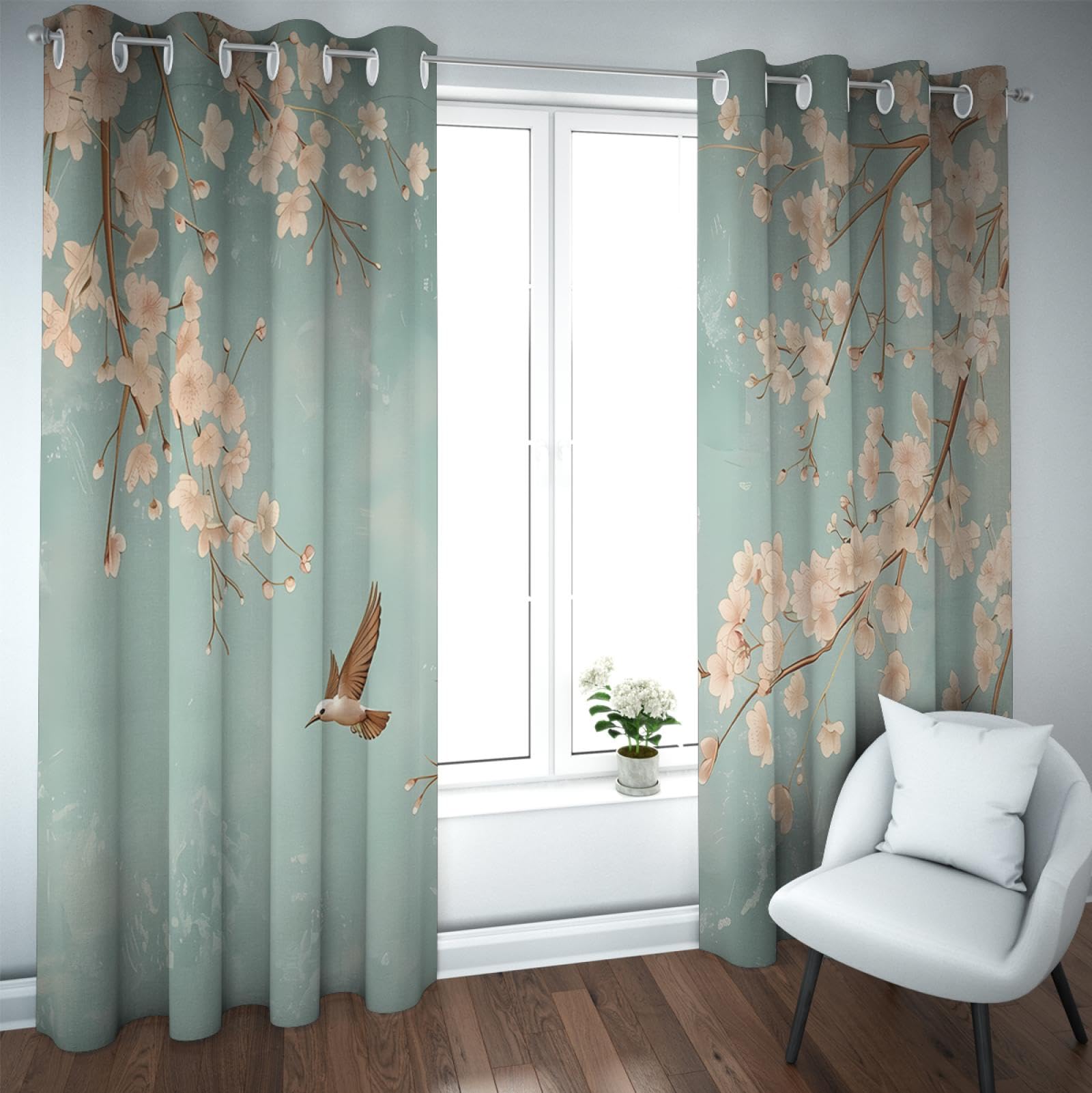 PARREN Duck Egg Green Pencil Pleat Blackout Curtains Thermal Insulated for Bedroom and Living Room Peach Blossom and Birds Printed Curtains W60xL72in