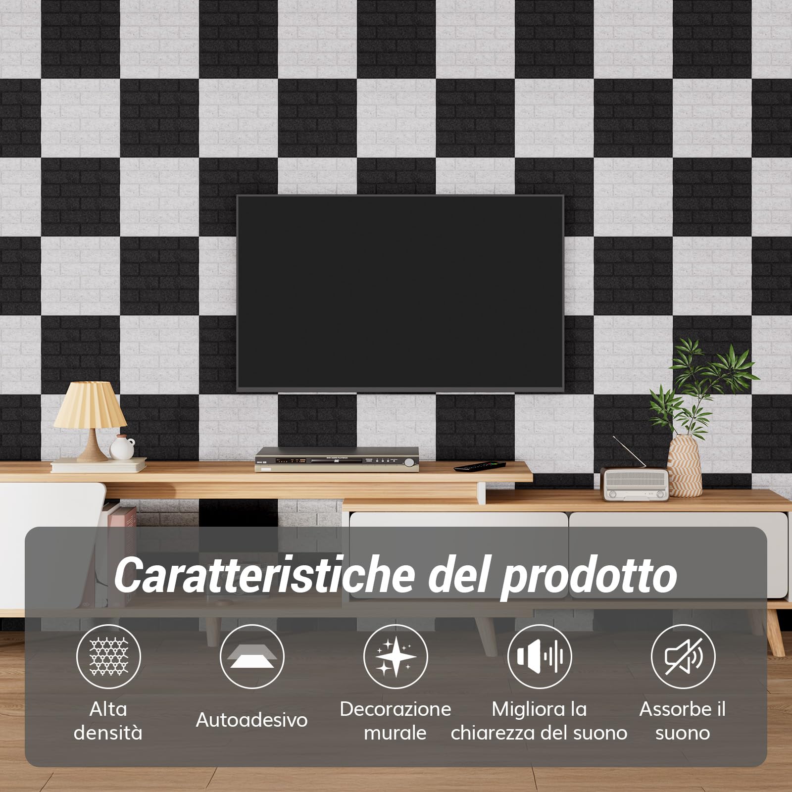 TONOR Set di 18 Pannelli Acustici a Forma di Mattone, 30 x 30 x 0,9 cm Schiuma Acustica Autoadesiva, Pannello Decorativo da Parete per Salotti, Camere da Letto e Uffici, Nero
