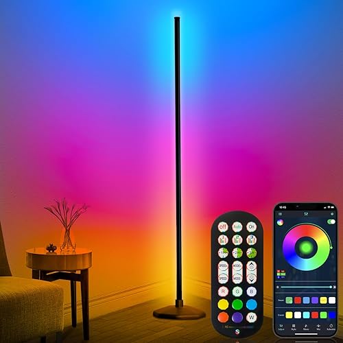 LanSuper Corner Floor Lamp,Smart RGB LED Corner Floor Lamp with Luminous Base,21W 1800LM Super Bright Floor lamp with APP&Remote,LED corner Lamp with Music Sync&16 Million Color,Ambient Lighting-White - Round base