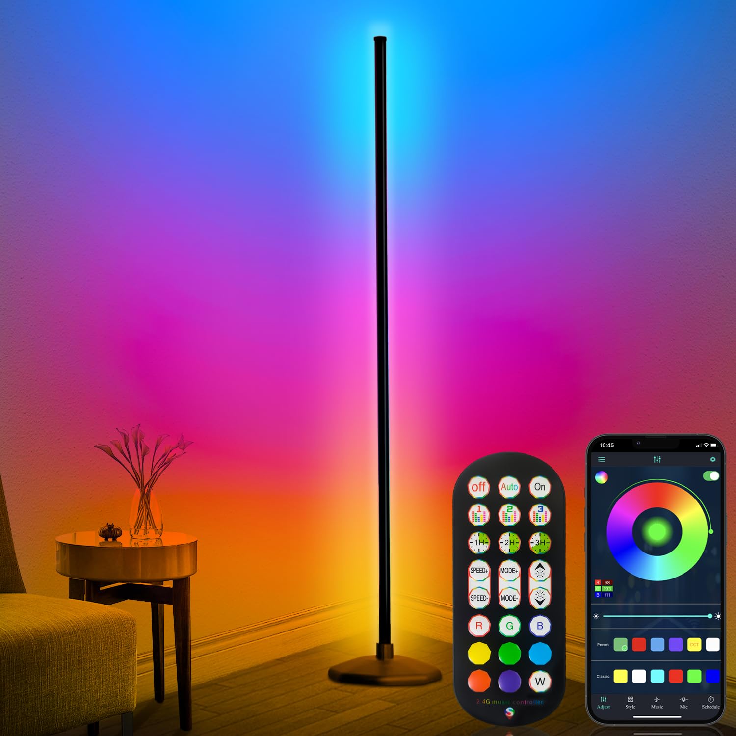 Corner Floor Lamp, 65”Smart RGB LED Corner Lamp with App and Remote Control, 16 Million Colors Changing LED Floor Lamp,68+ Scene, Music Sync & Timer,Mood Lighting for Living Room Gaming Room