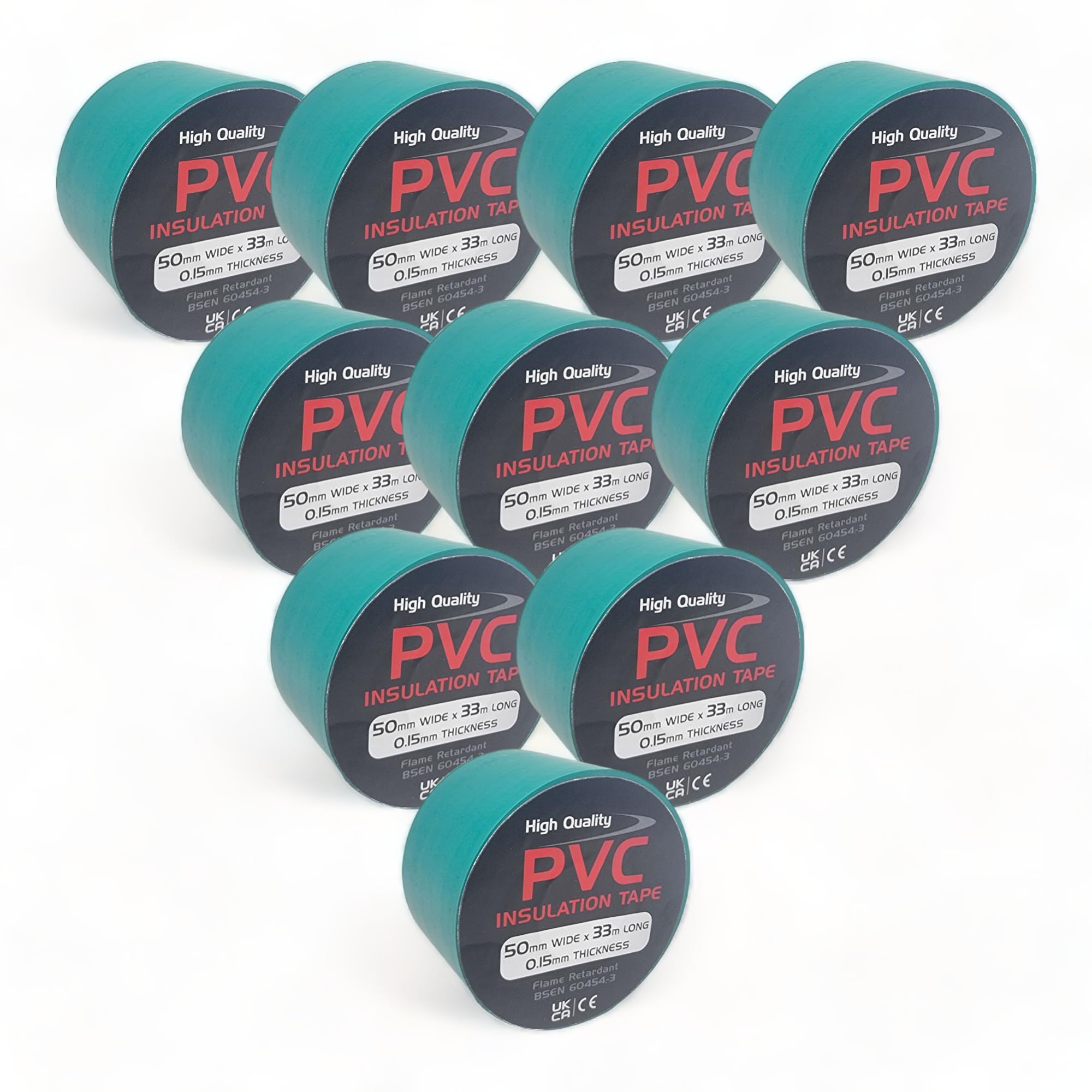 10 Rolls of Green PVC Electrical Insulation Tape, 33m Long x 50mm Wide, Adhesive Insulating Tape for Protecting Electrical Wires