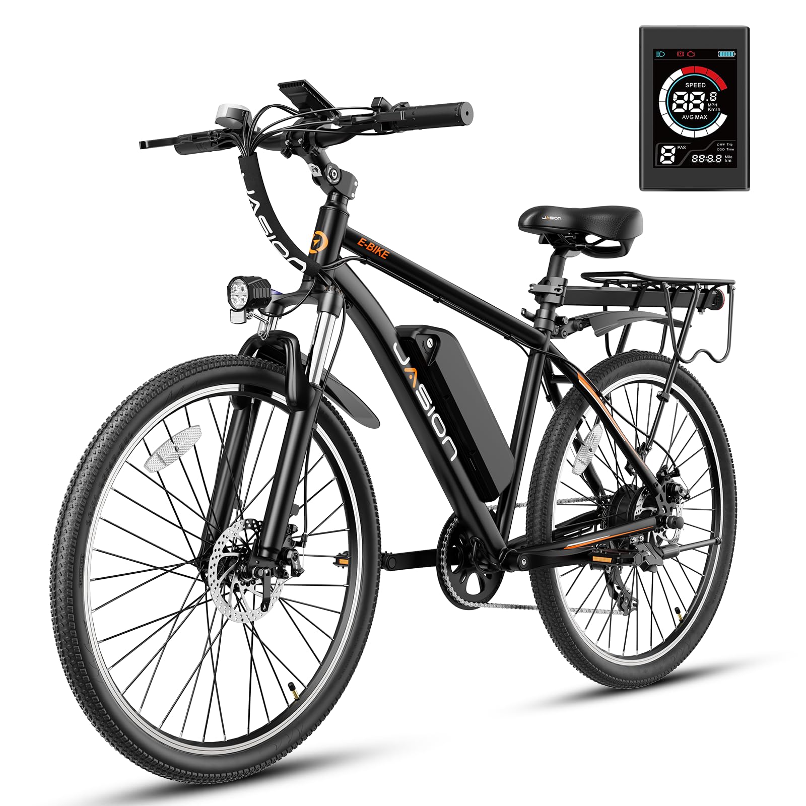 Jasion EB5 Electric Bike for Adults with Peak 750W Brushless Motor, 40Miles 20MPH Commuting Electric Mountain Bike with 360Wh Removable Battery, 7-Speed, 26" Tires and Front Fork Suspension