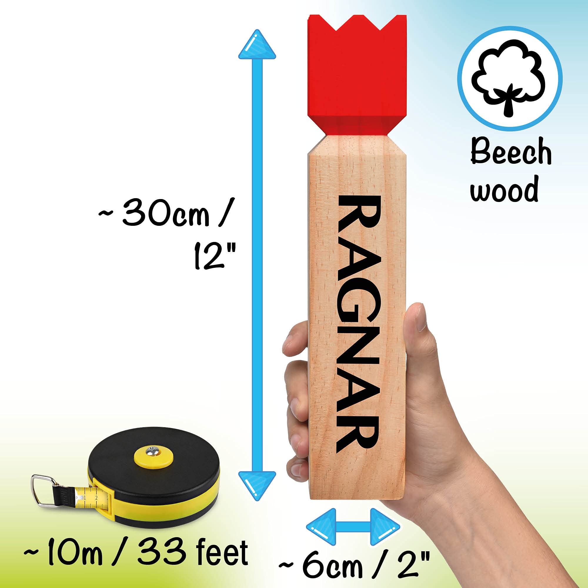 Toyfel Original Jeu de Kubb XXL en Bois Massif FSC® avec Sac de Transport & Mètre Ruban - Jeu Viking Extérieur - Quille Nordique – Ragnar