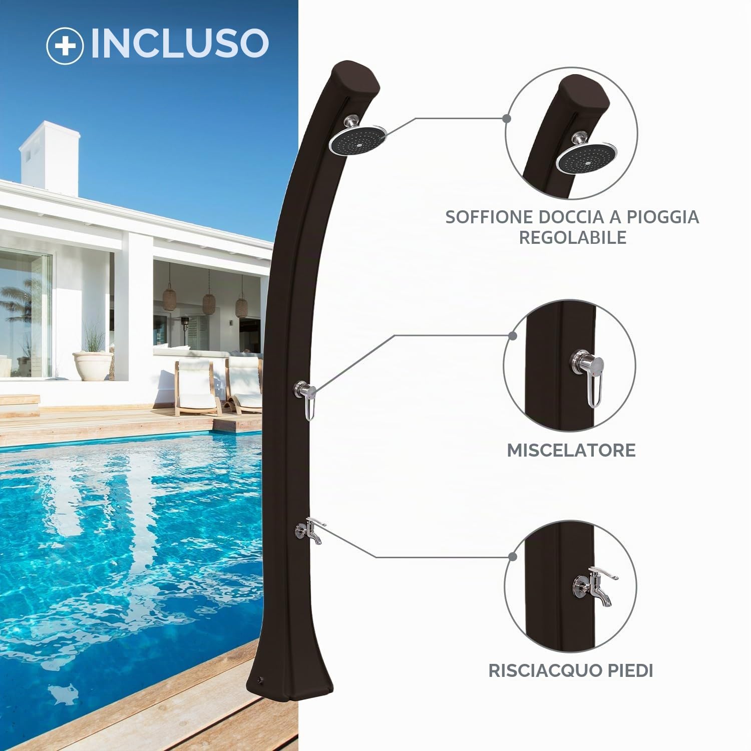 Formidra - Confezione doccia solare Happy 4x4 44L con rivestimento - Antracite - Doccia esterna Piscina e Giardino - DS-H422NOCOV - 26 x 29 x 229 cm