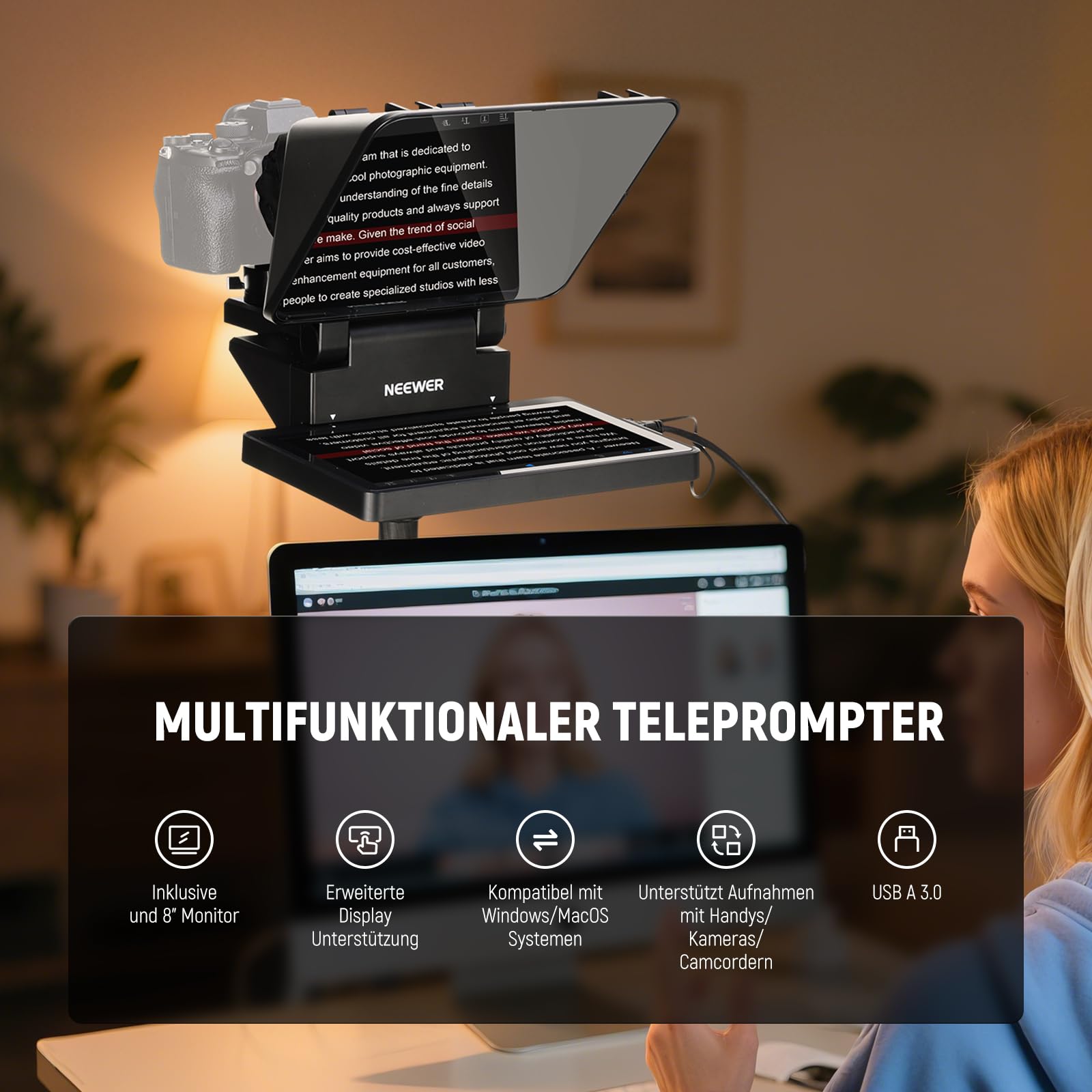 NEEWER 2 in 1 Teleprompter 11 Zoll mit Monitor, Bildschirmspiegelung, Kunststoff, tragbarer Teleprompter für Kamera Smartphone Webcam Windows macOS für YouTube Twitch Live Streaming Konferenzen, X11