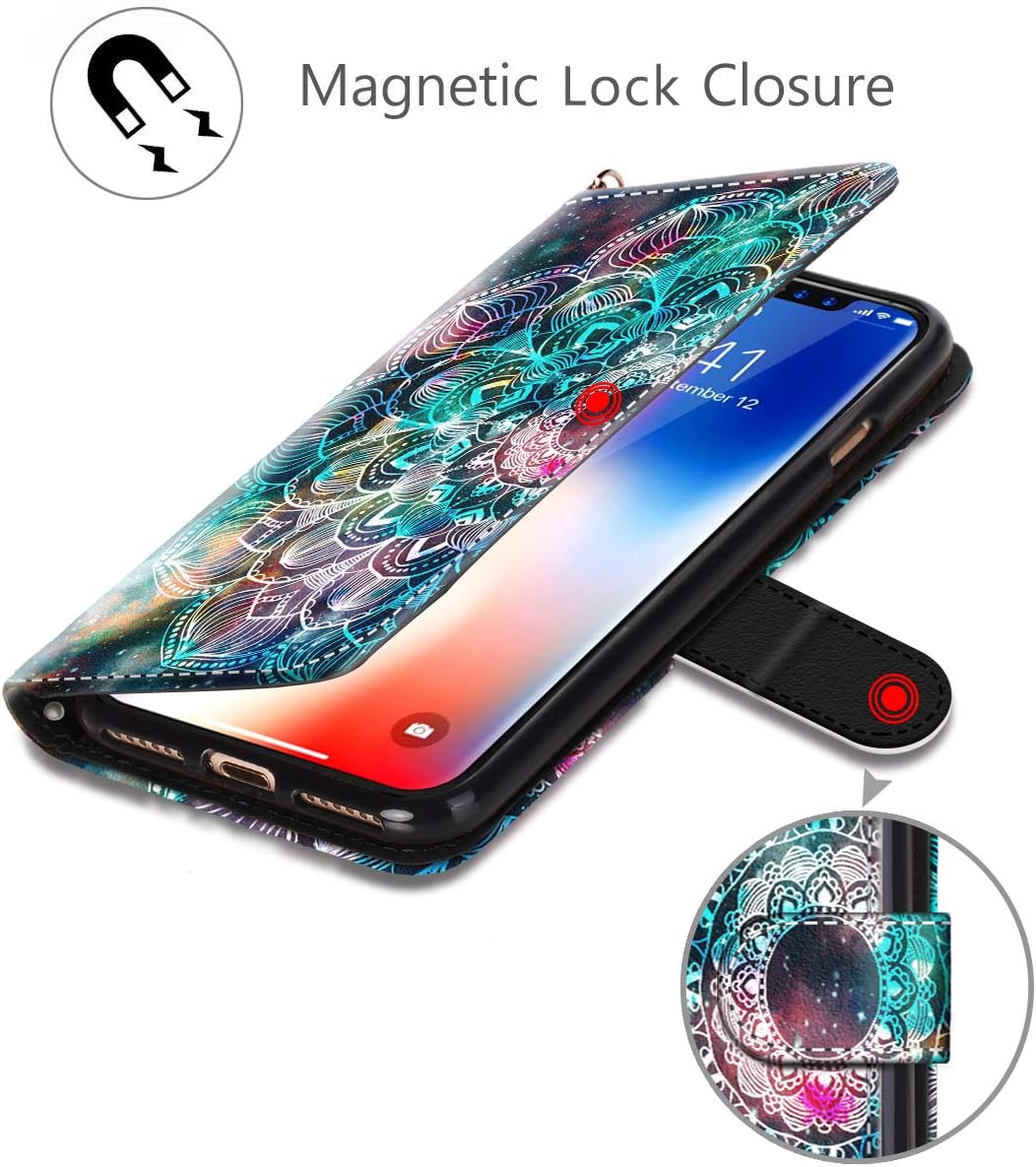 iPhone XR Case, Hocase PU Leather Full Body Protective Wallet Case with Credit Card Holders, Wrist Strap, Magnetic Closure for iPhone XR 2018 w/ 6.1-inch Display - Mandala in Galaxy